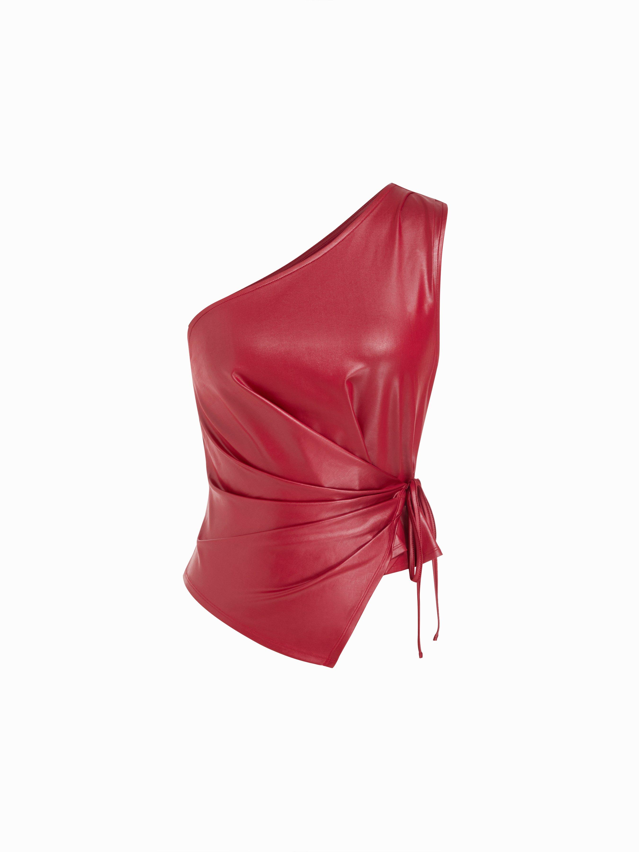 Faux Leather Asymmetrical Neck Ruched Drawstring Crop Top by CIDER