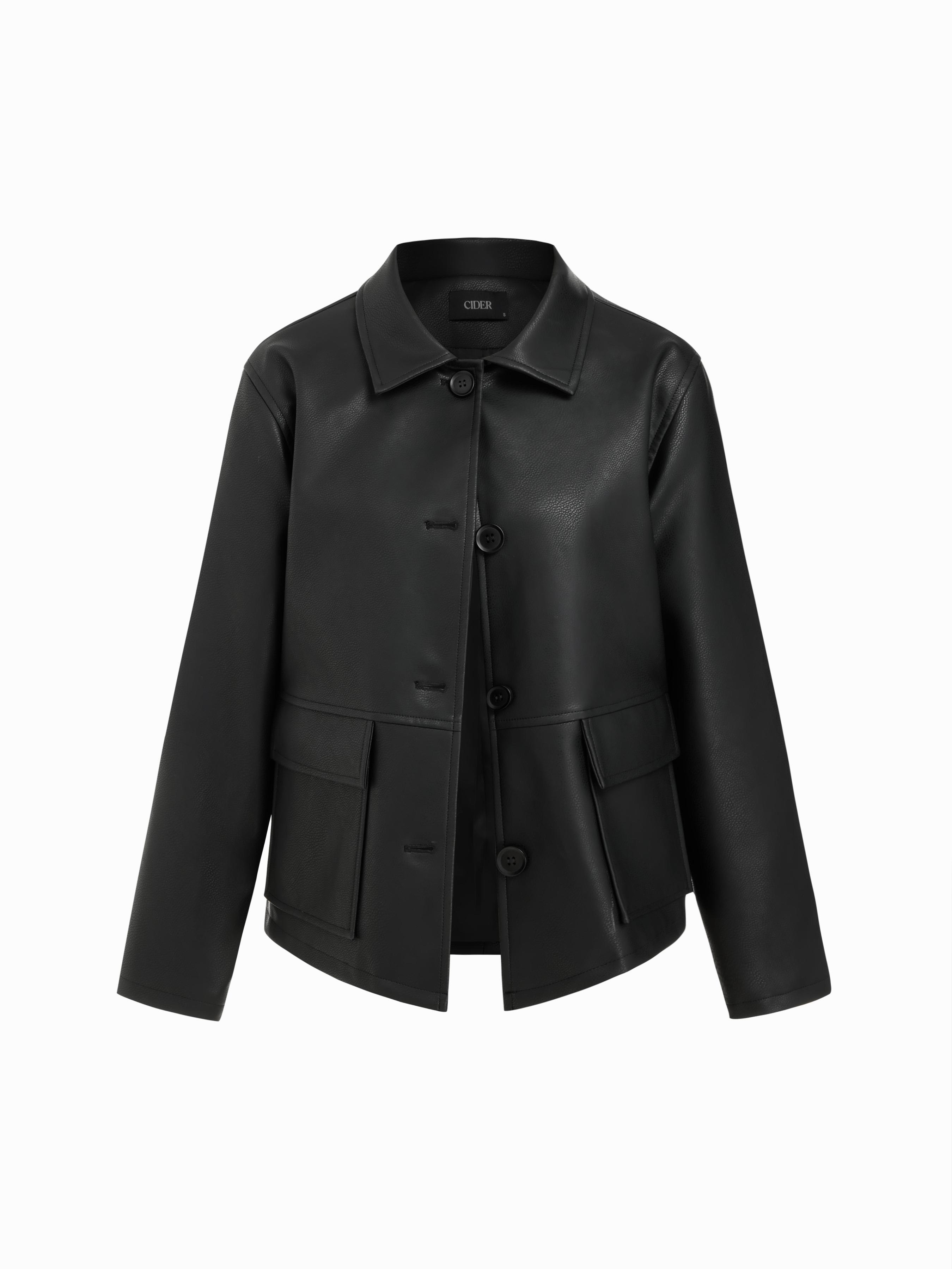 Faux Leather Collar Long Sleeve Button Oversized Shacket by CIDER