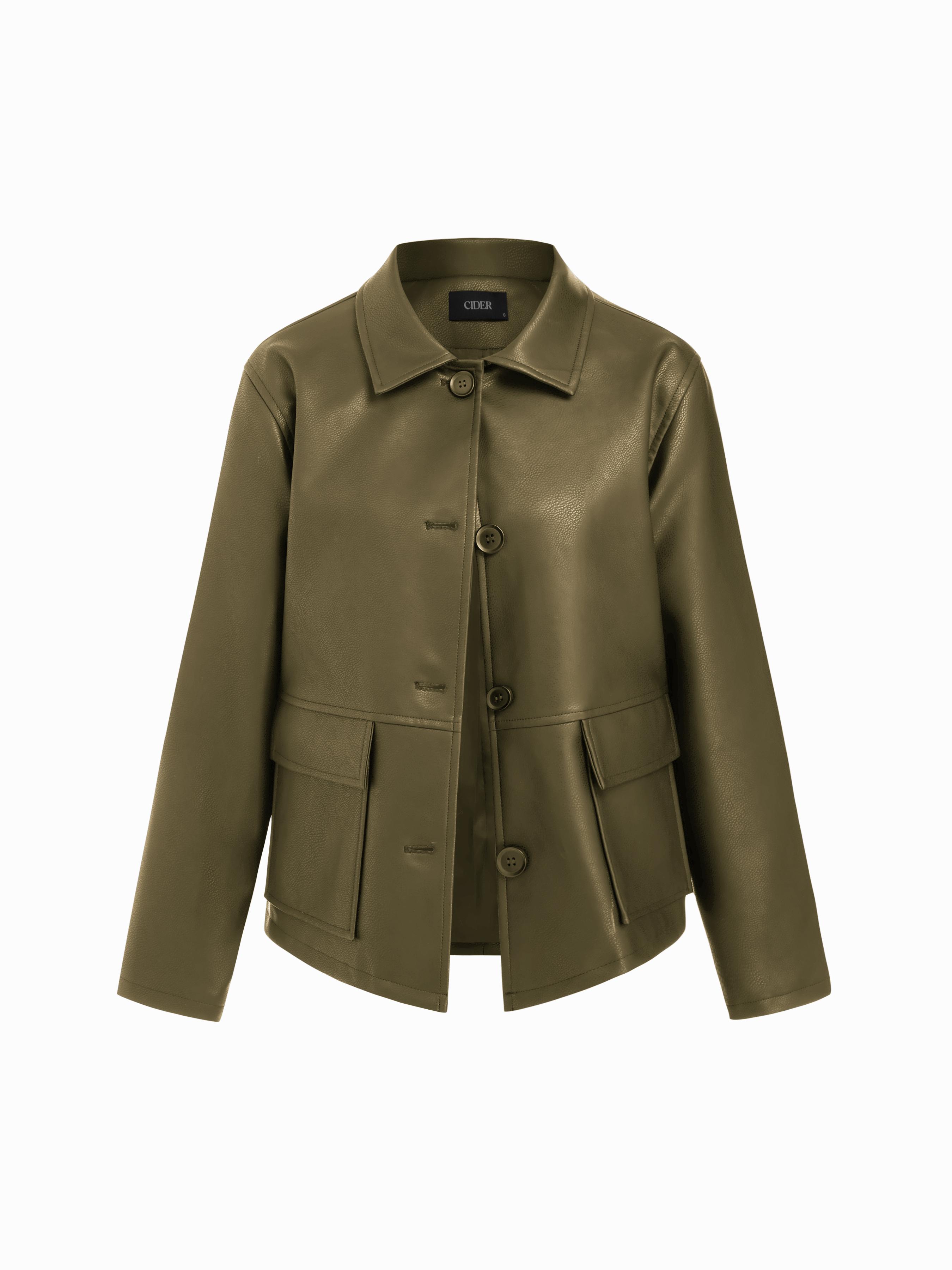 Faux Leather Collar Long Sleeve Button Oversized Shacket by CIDER