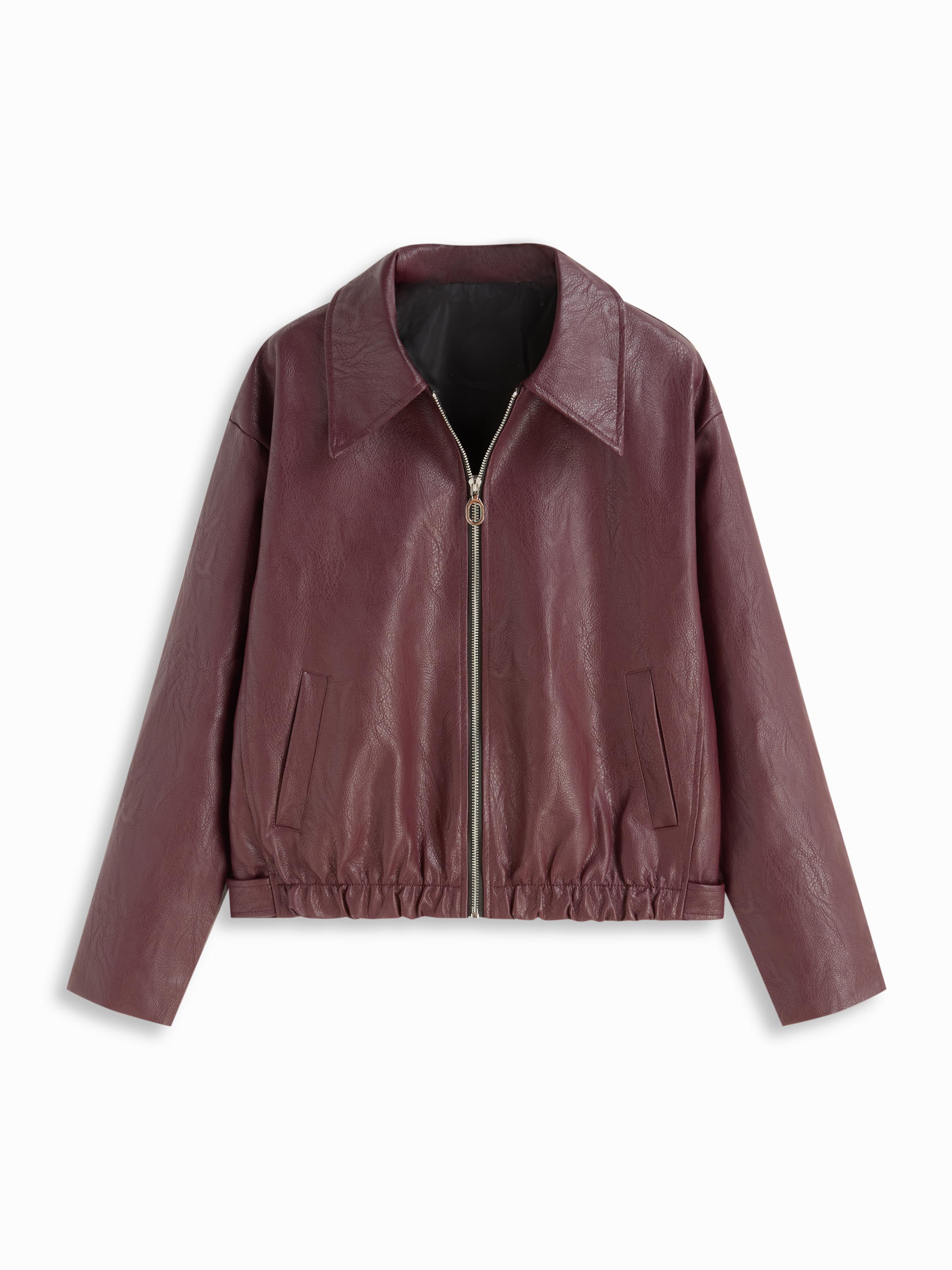 Faux Leather Collar Long Sleeve Zip Through Biker Jacket by CIDER