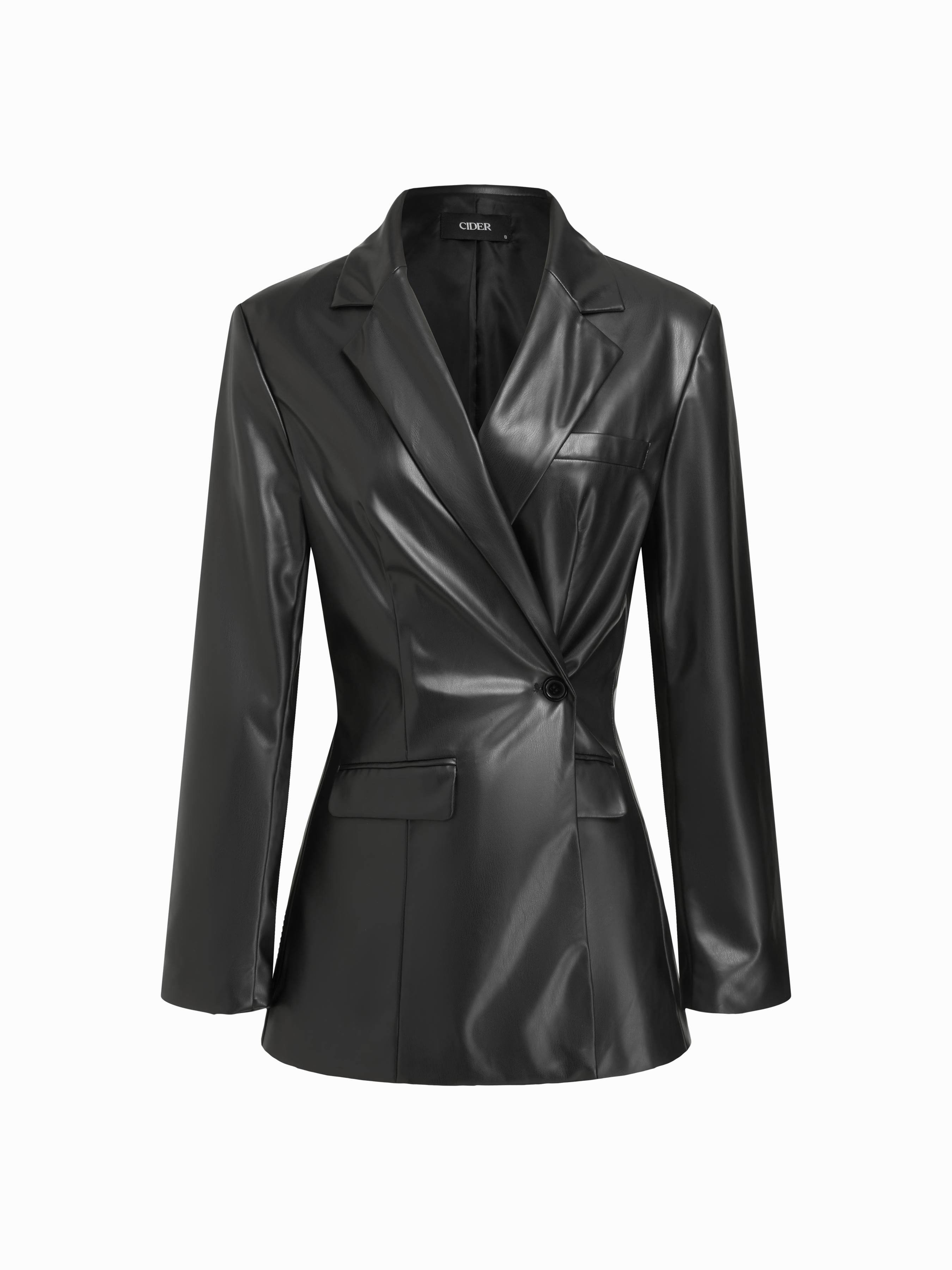Faux Leather Collar Side Button Cinched Waist Blazer by CIDER