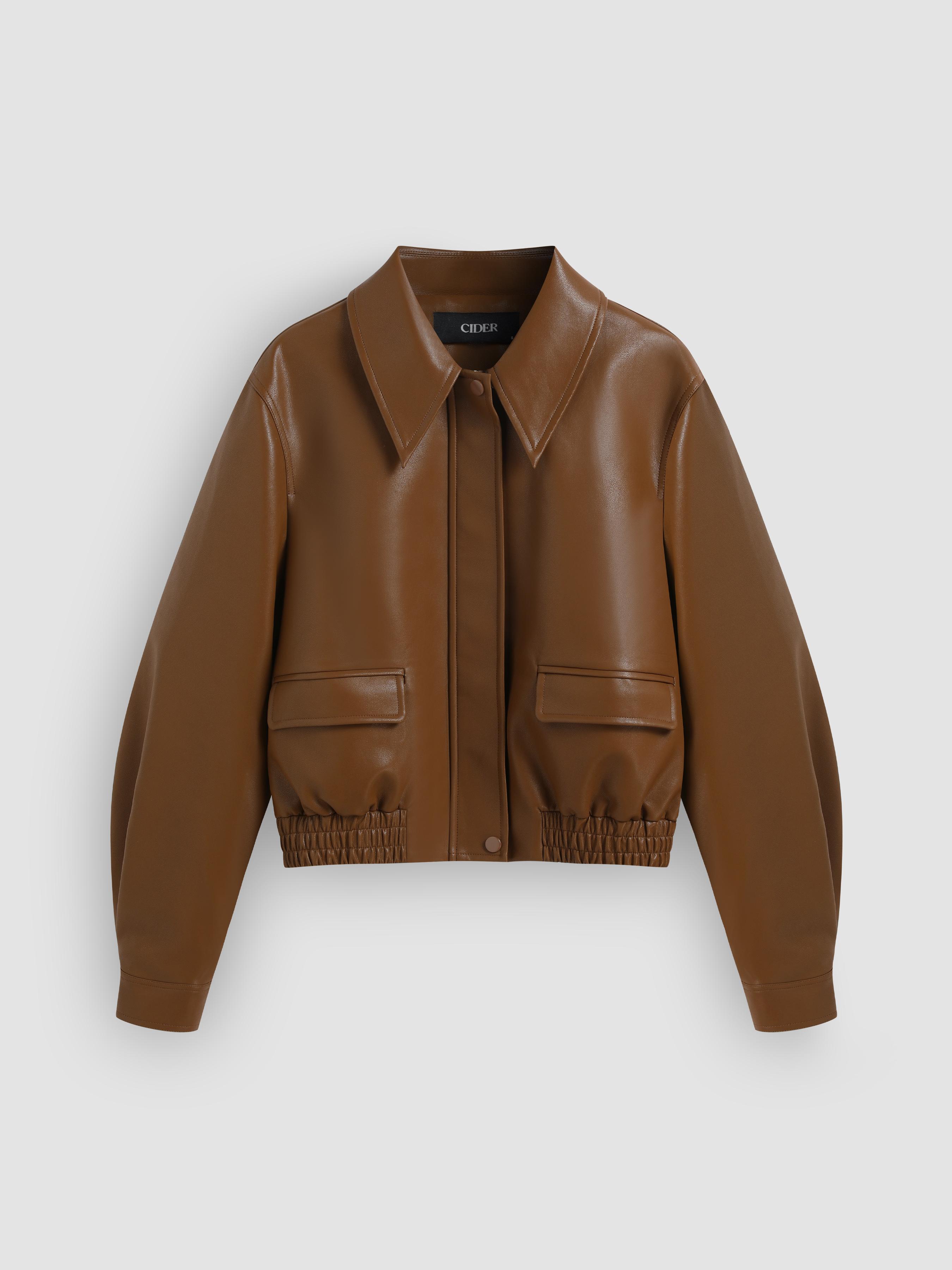 Faux Leather Collar Solid Pocket Oversized Jacket by CIDER