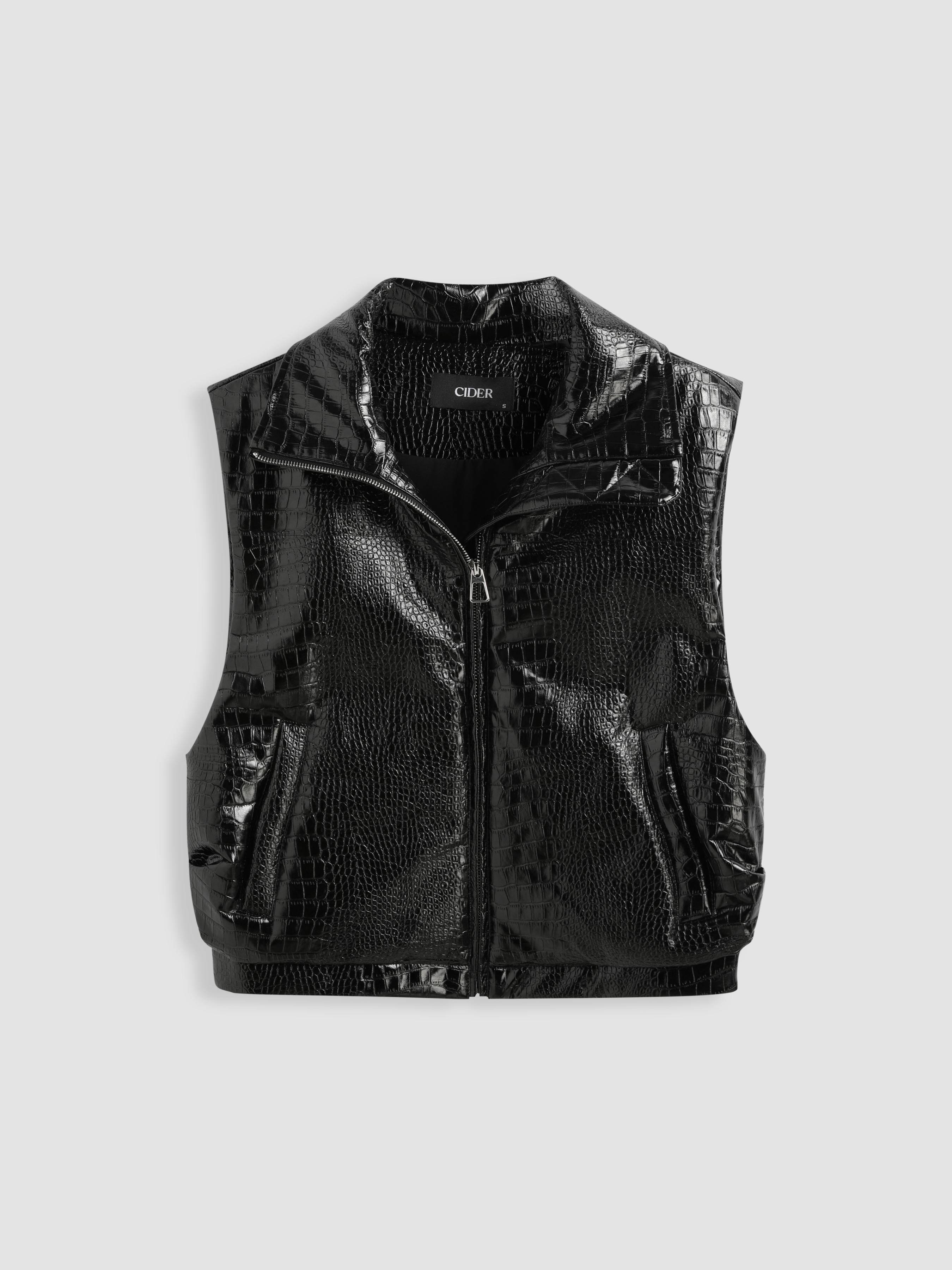 Faux Leather Collar Solid Zipper Puffer Vest by CIDER