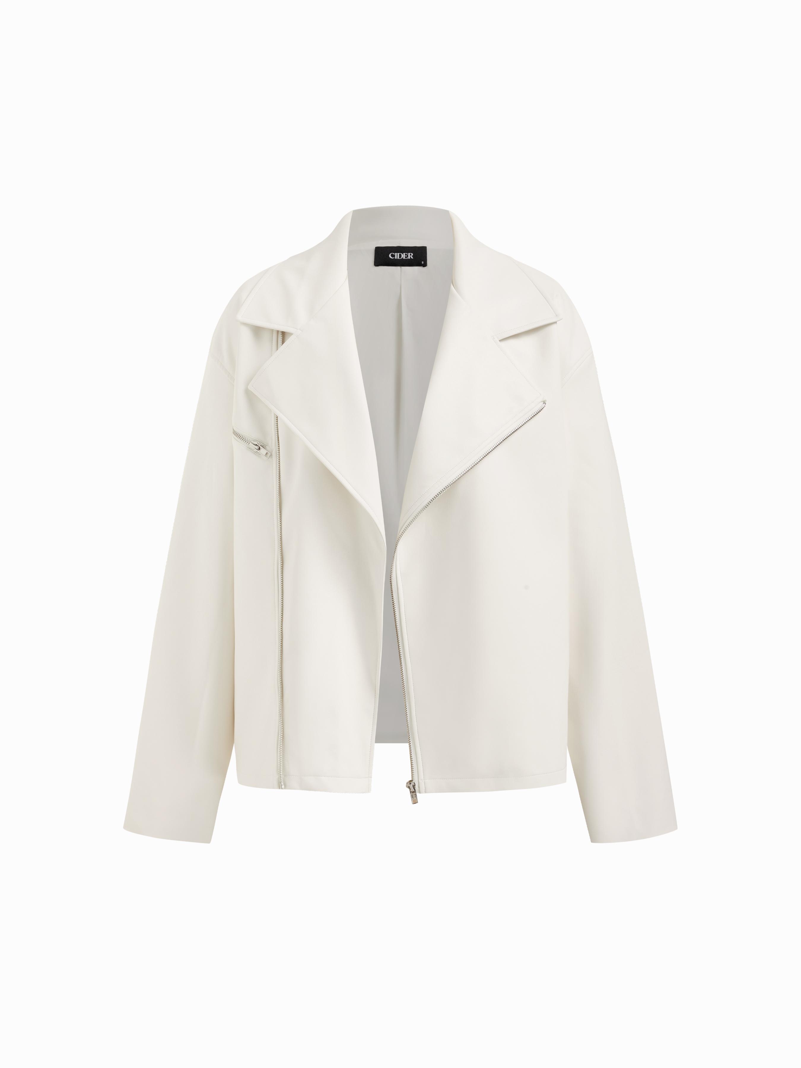 Faux Leather Collar Zip Through Oversized Biker Jacket With Belt by CIDER