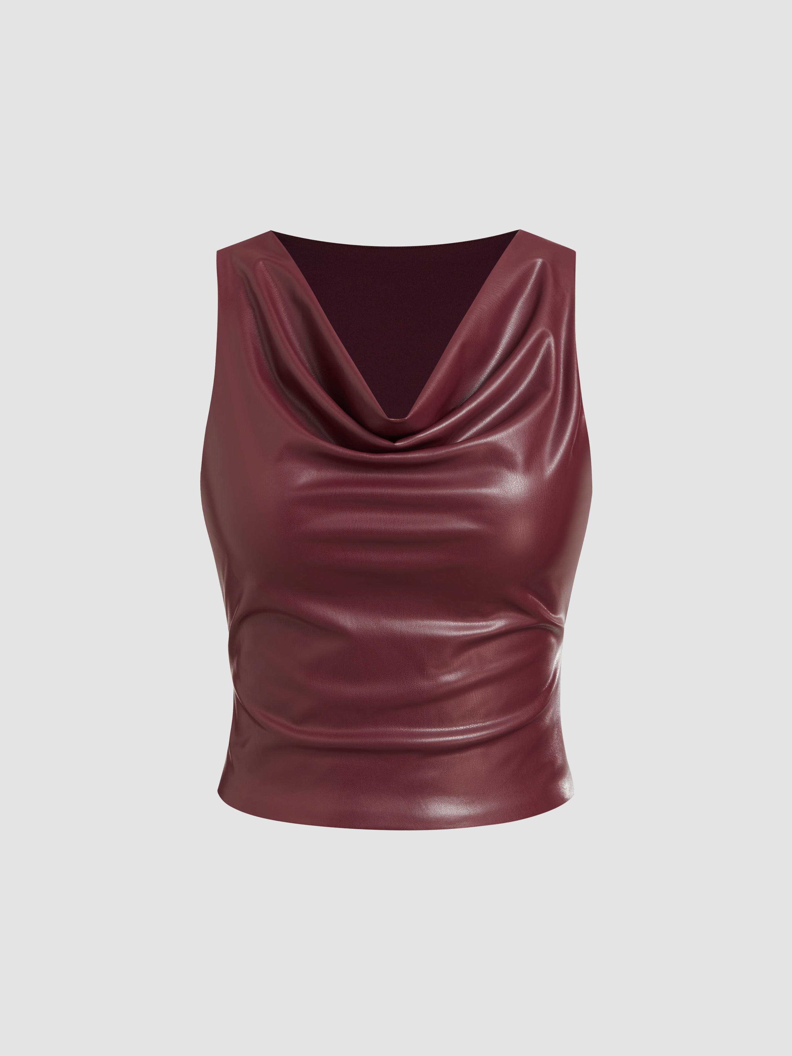Faux Leather Cowl Neck Solid Ruched Tank Crop Top by CIDER