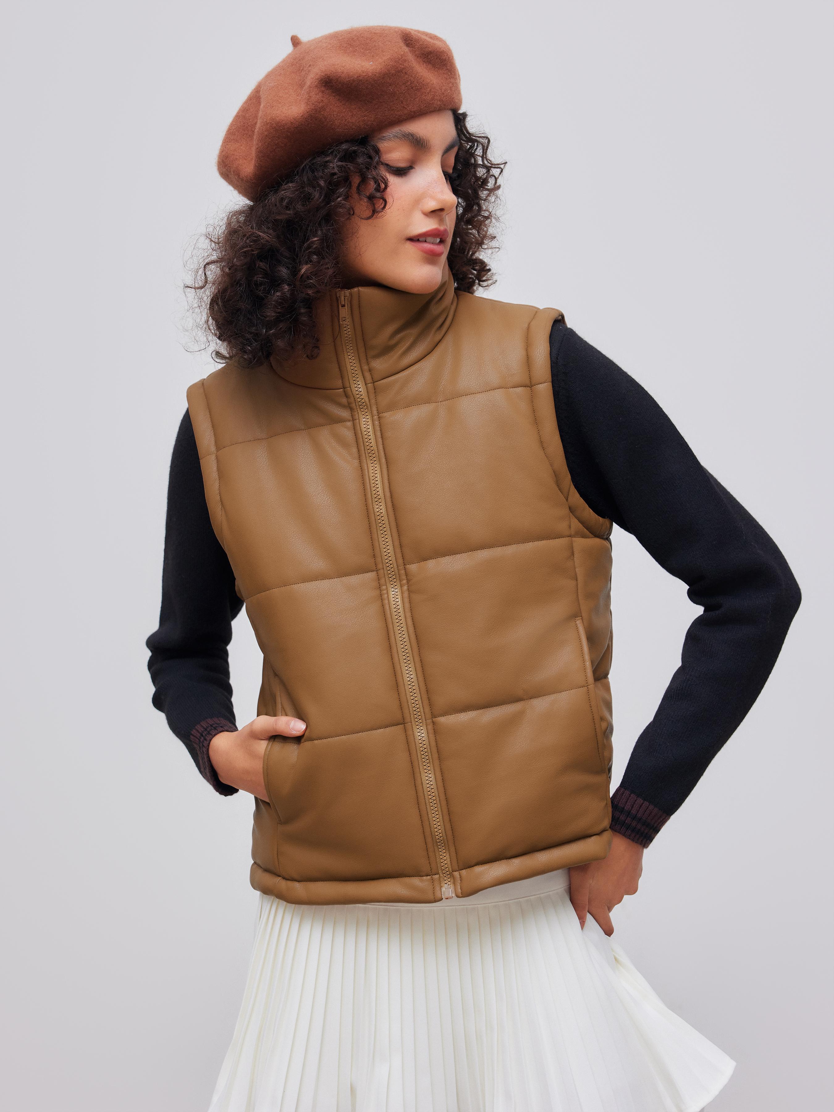 Faux Leather High Neck Puffer Vest by CIDER