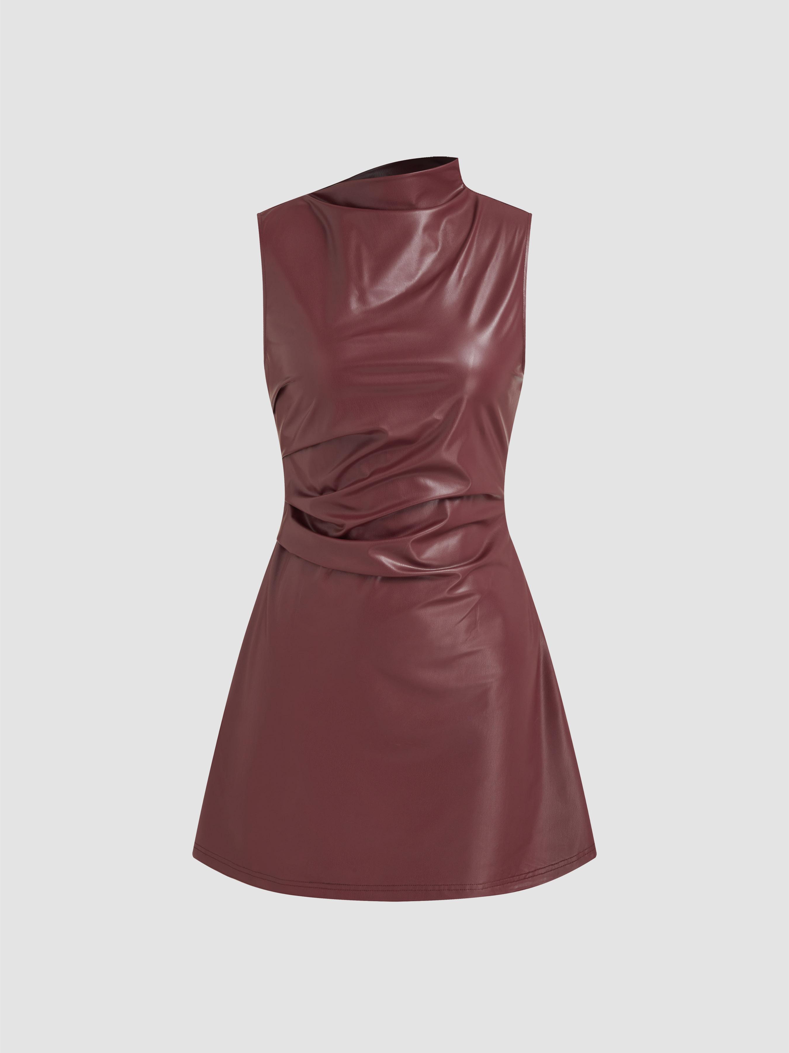 Faux Leather High Neck Ruched Mini Dress by CIDER