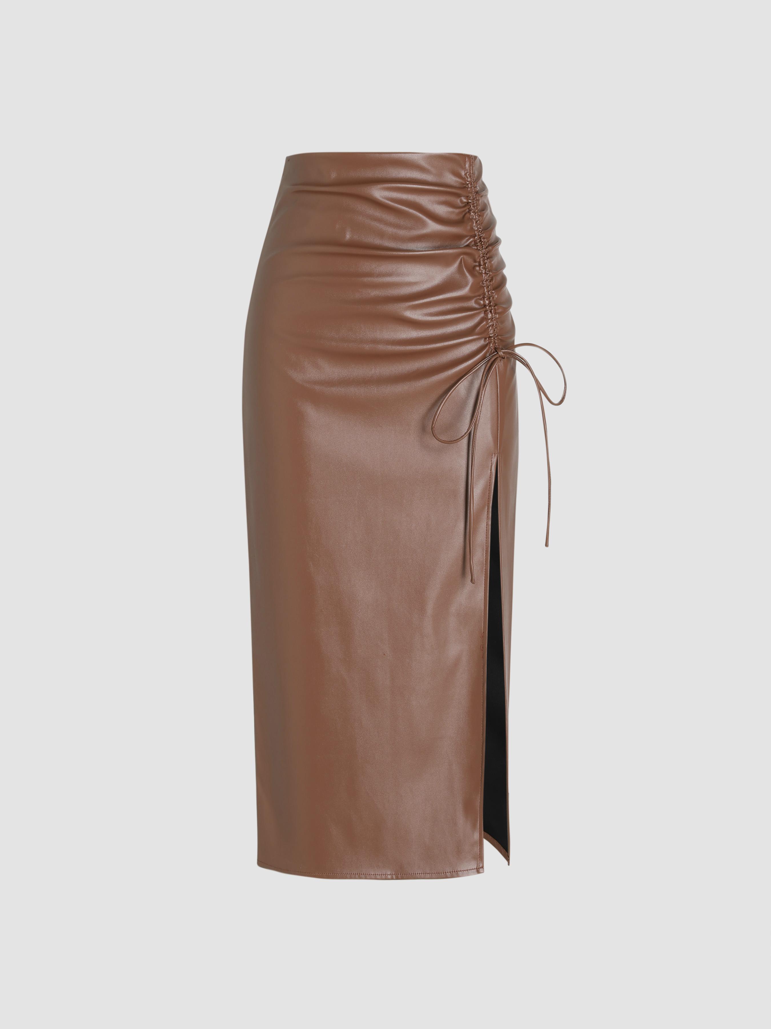 Faux Leather High Waist Drawstring Split Maxi Skirt by CIDER