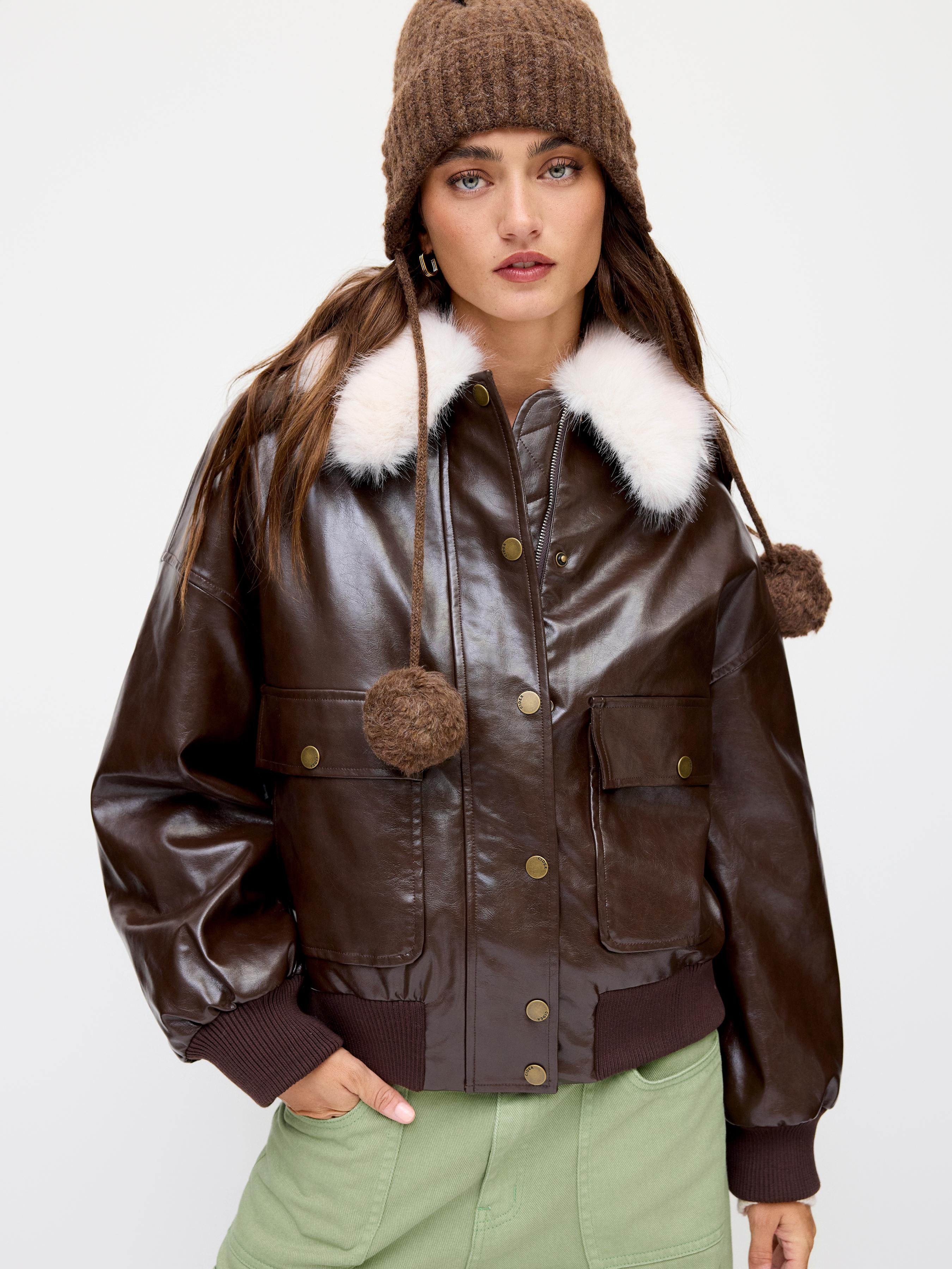 Faux Leather Metal Button Oversized Jacket With Detachable Faux Fur Collar by CIDER