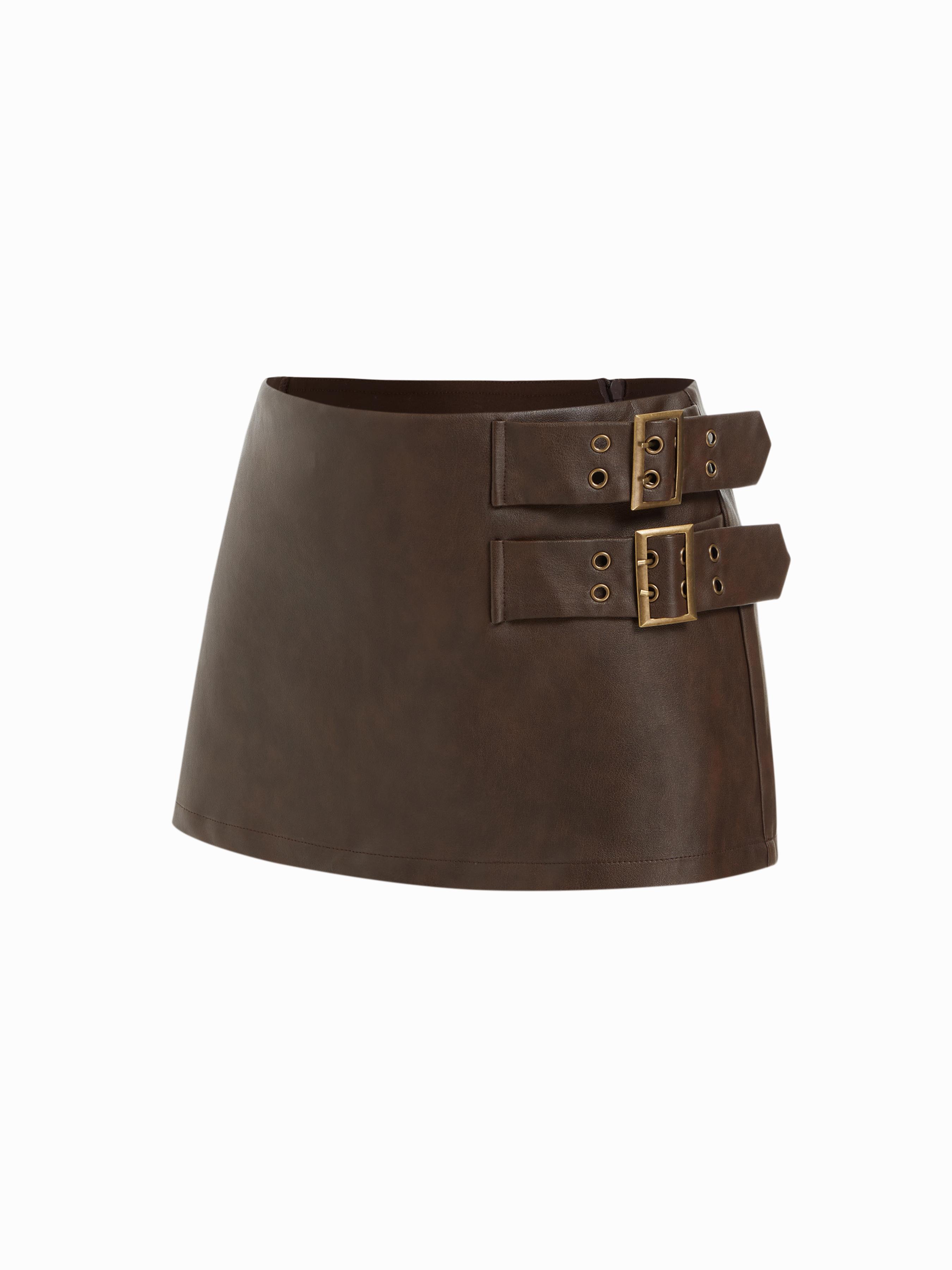 Faux Leather Mid Rise Belted A-line Mini Skort by CIDER