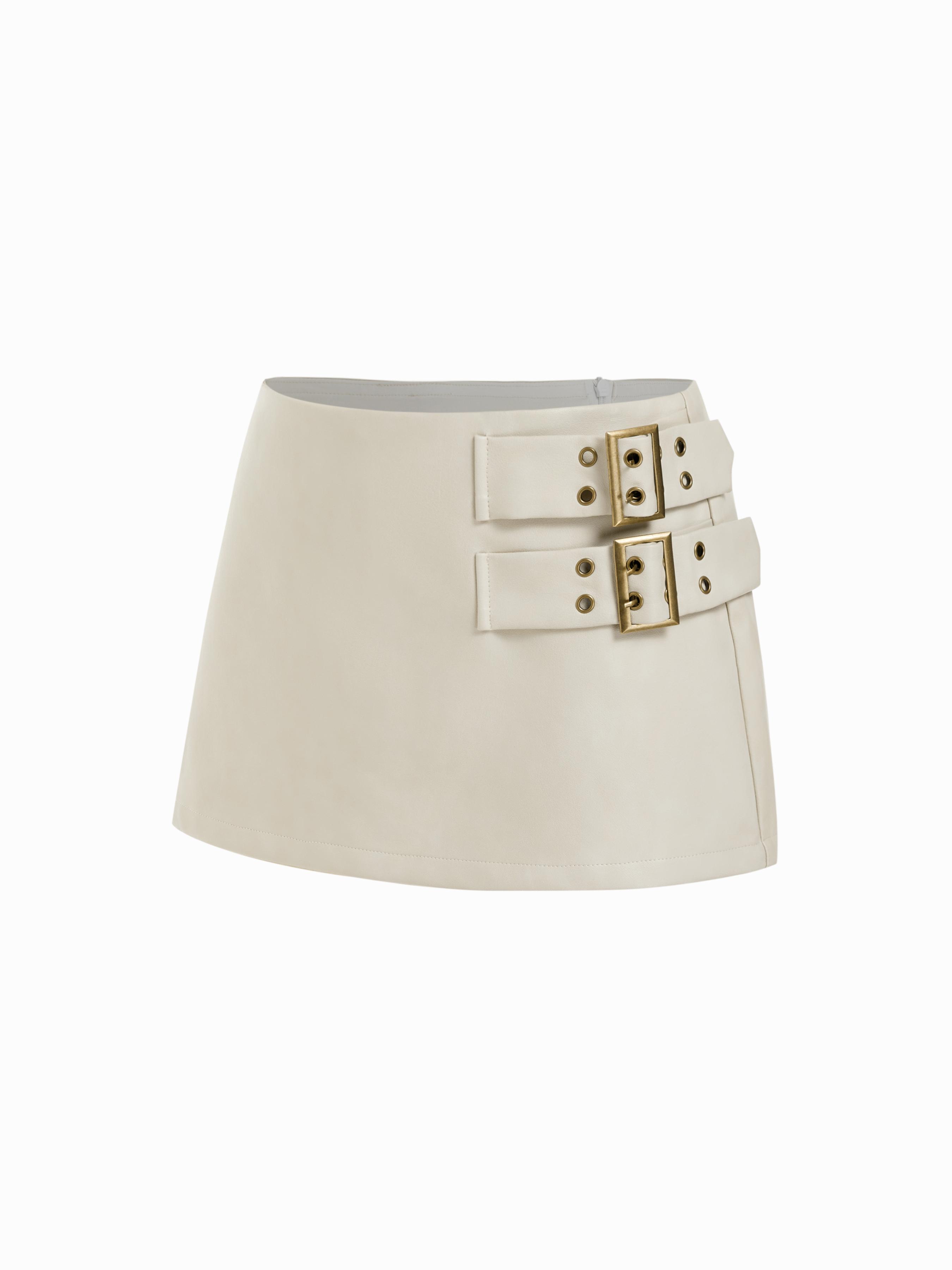 Faux Leather Mid Rise Belted A-line Mini Skort by CIDER