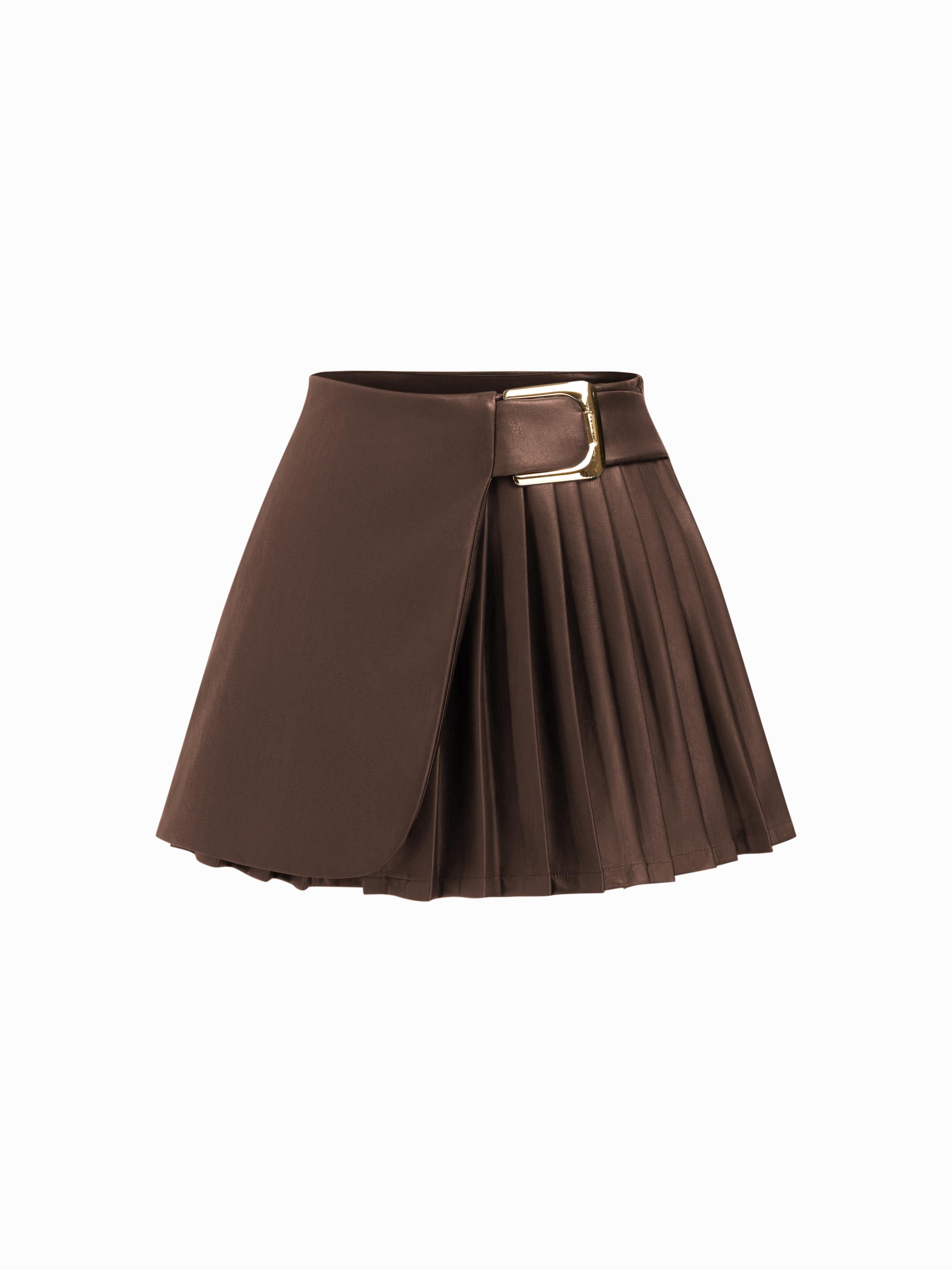 Faux Leather Mid Rise Pleated Buckle Mini Skirt by CIDER