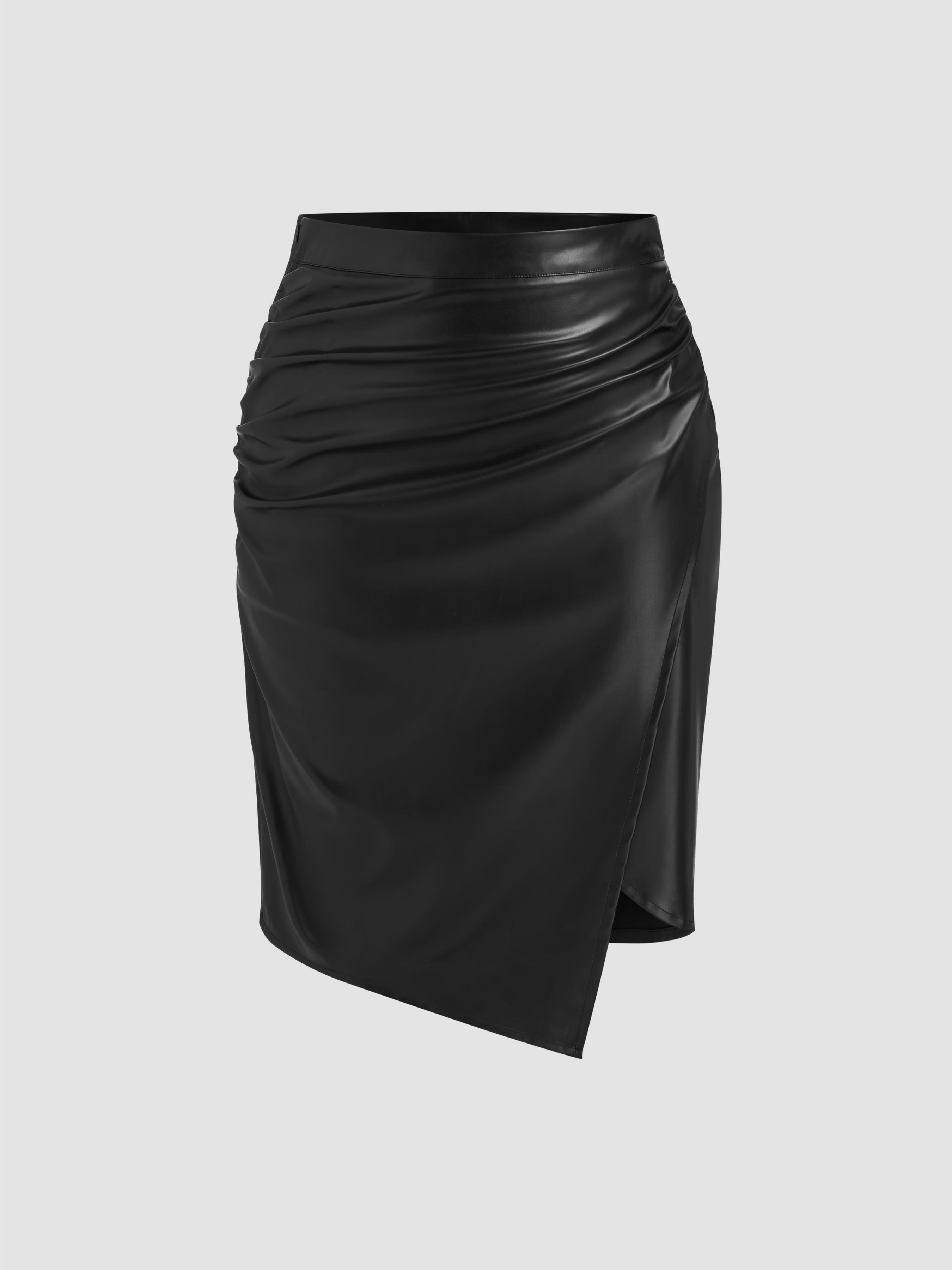 Faux Leather Mid Rise Ruched Split Midi Skirt Curve & Plus by CIDER