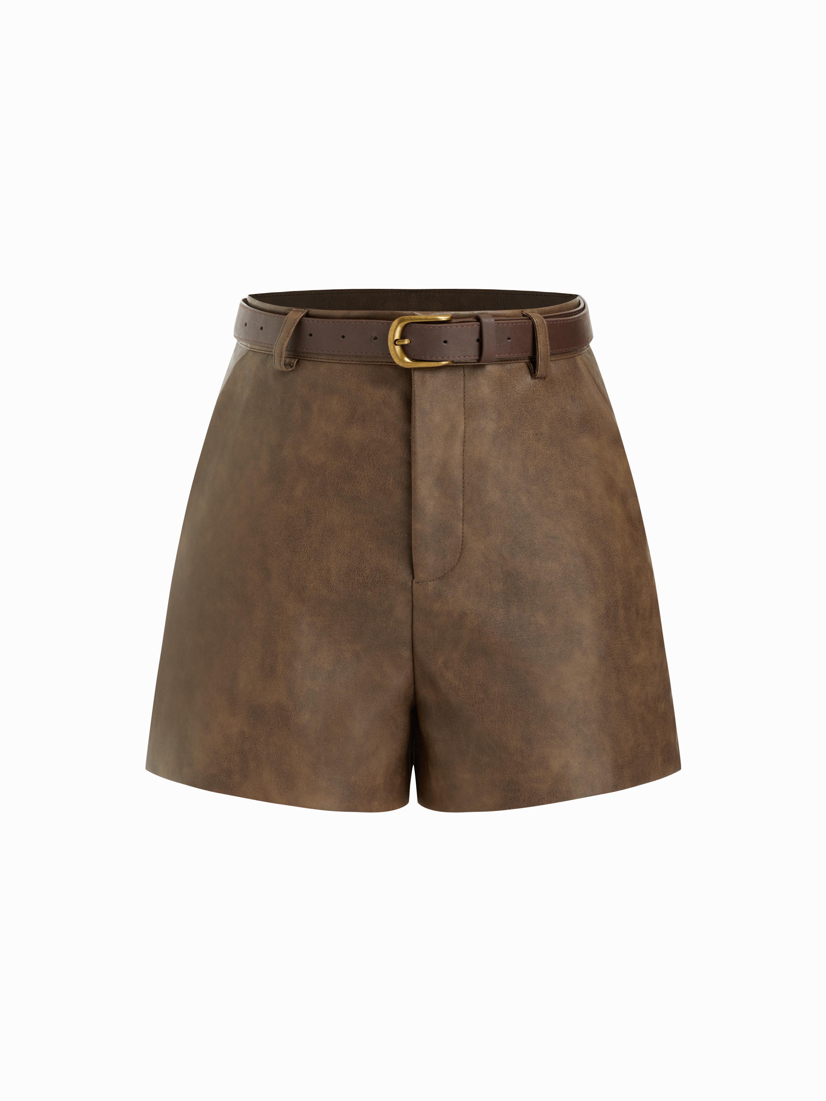Faux Leather Mid Rise Shorts With Belt by CIDER