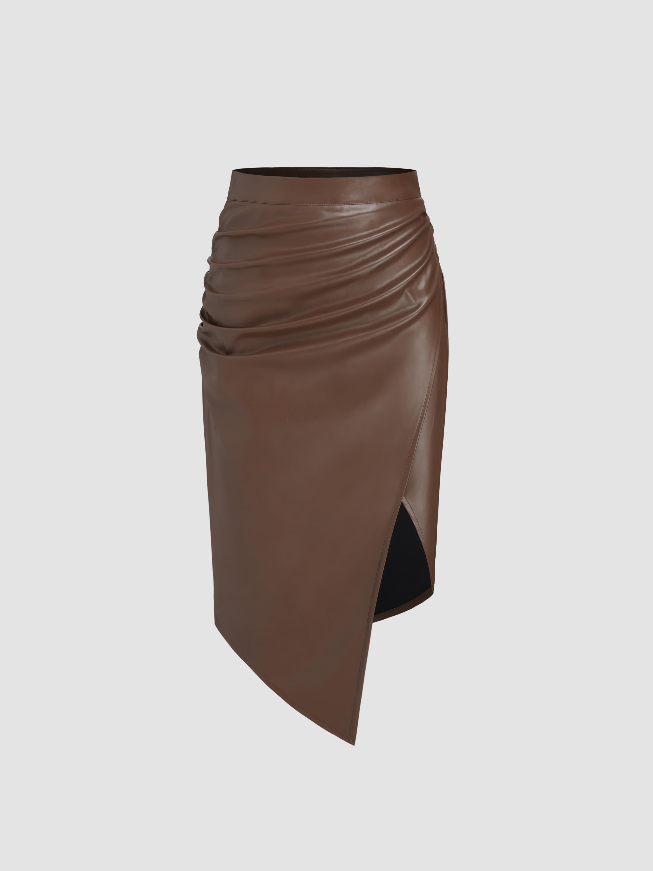 Faux Leather Mid Rise Solid Ruched Split Midi Skirt by CIDER