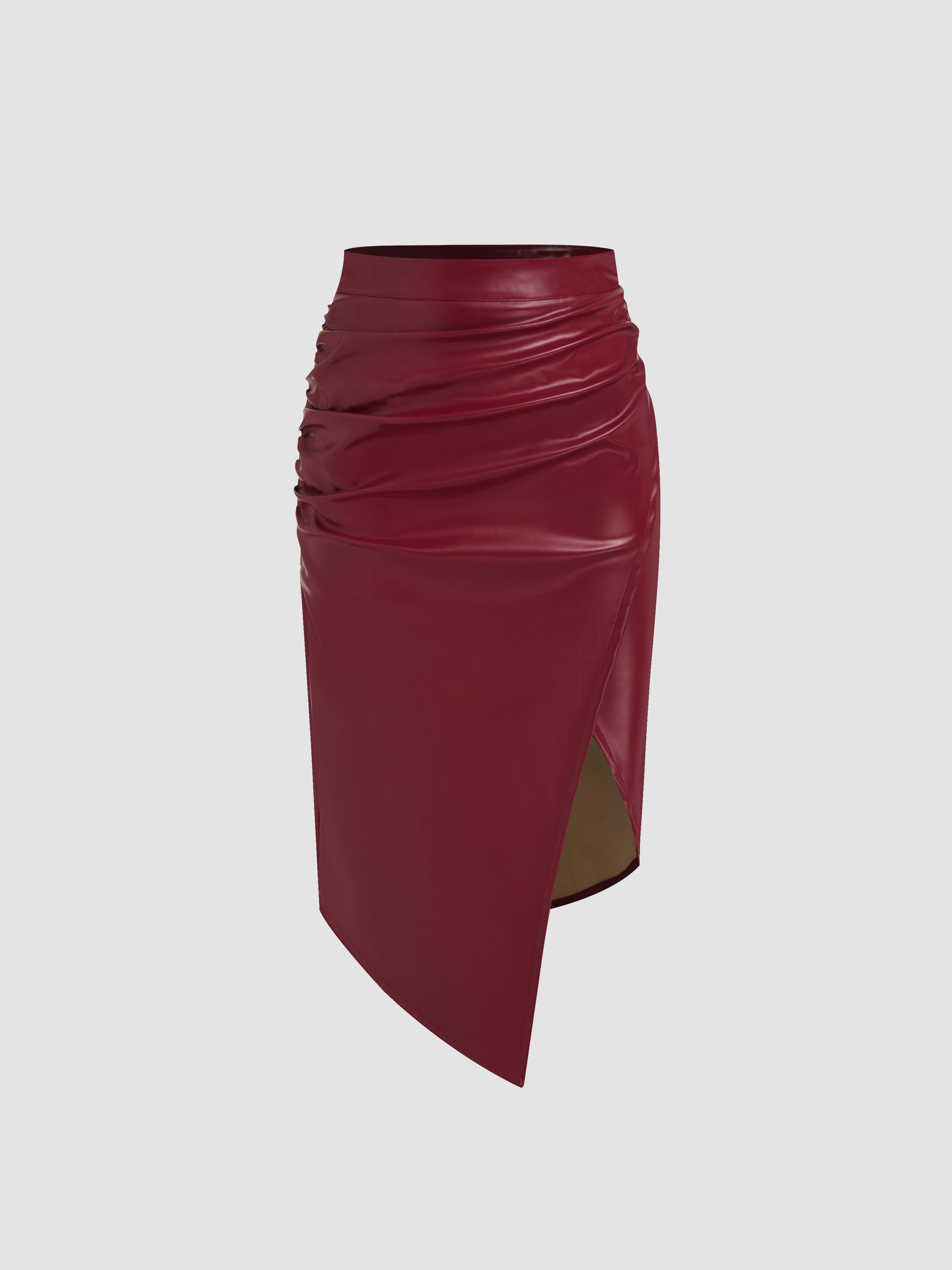 Faux Leather Mid Rise Solid Ruched Split Midi Skirt by CIDER