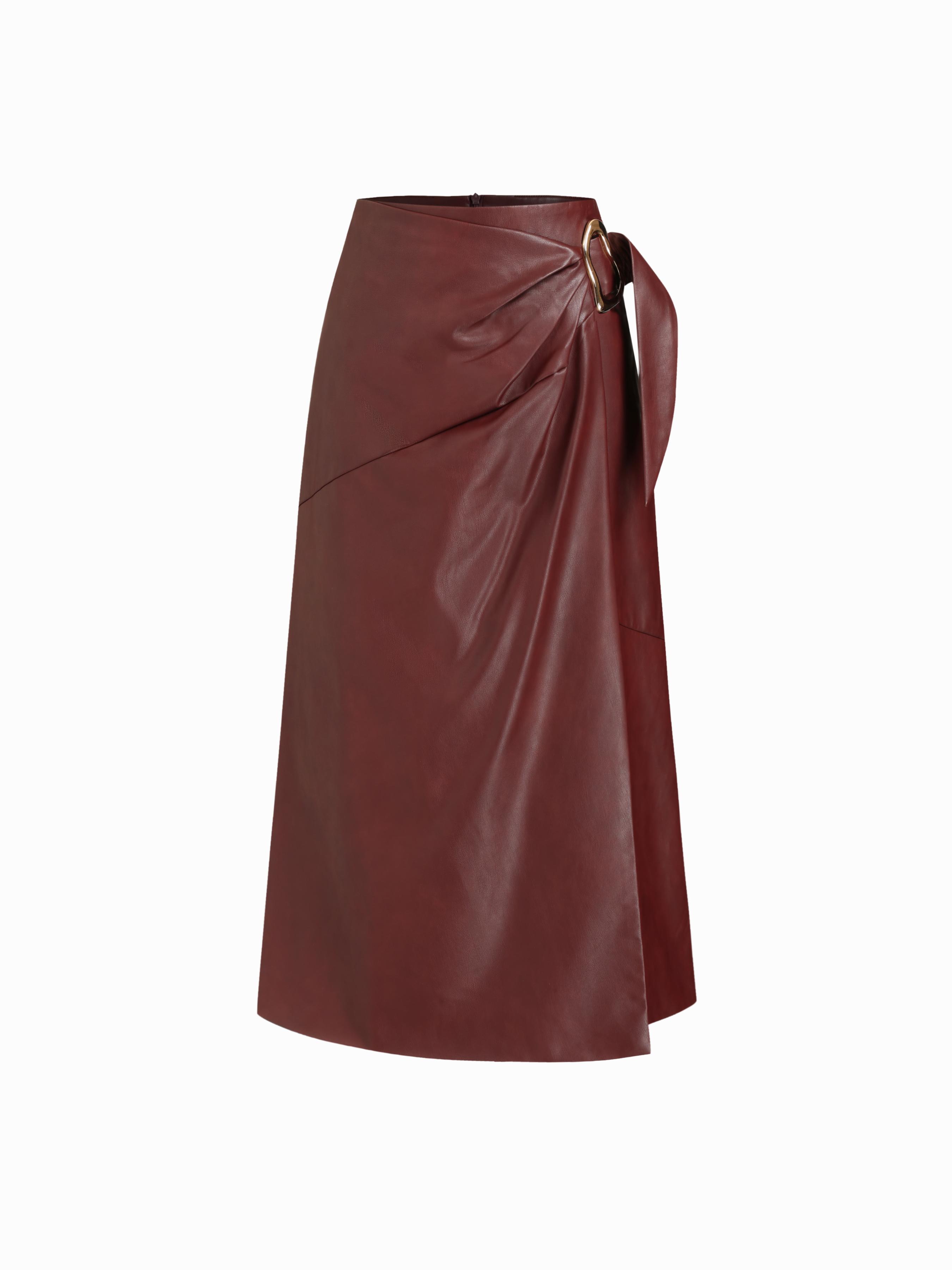 Faux Leather Mid Rise Wrap Ruched Metal Buckle Maxi Skirt by CIDER