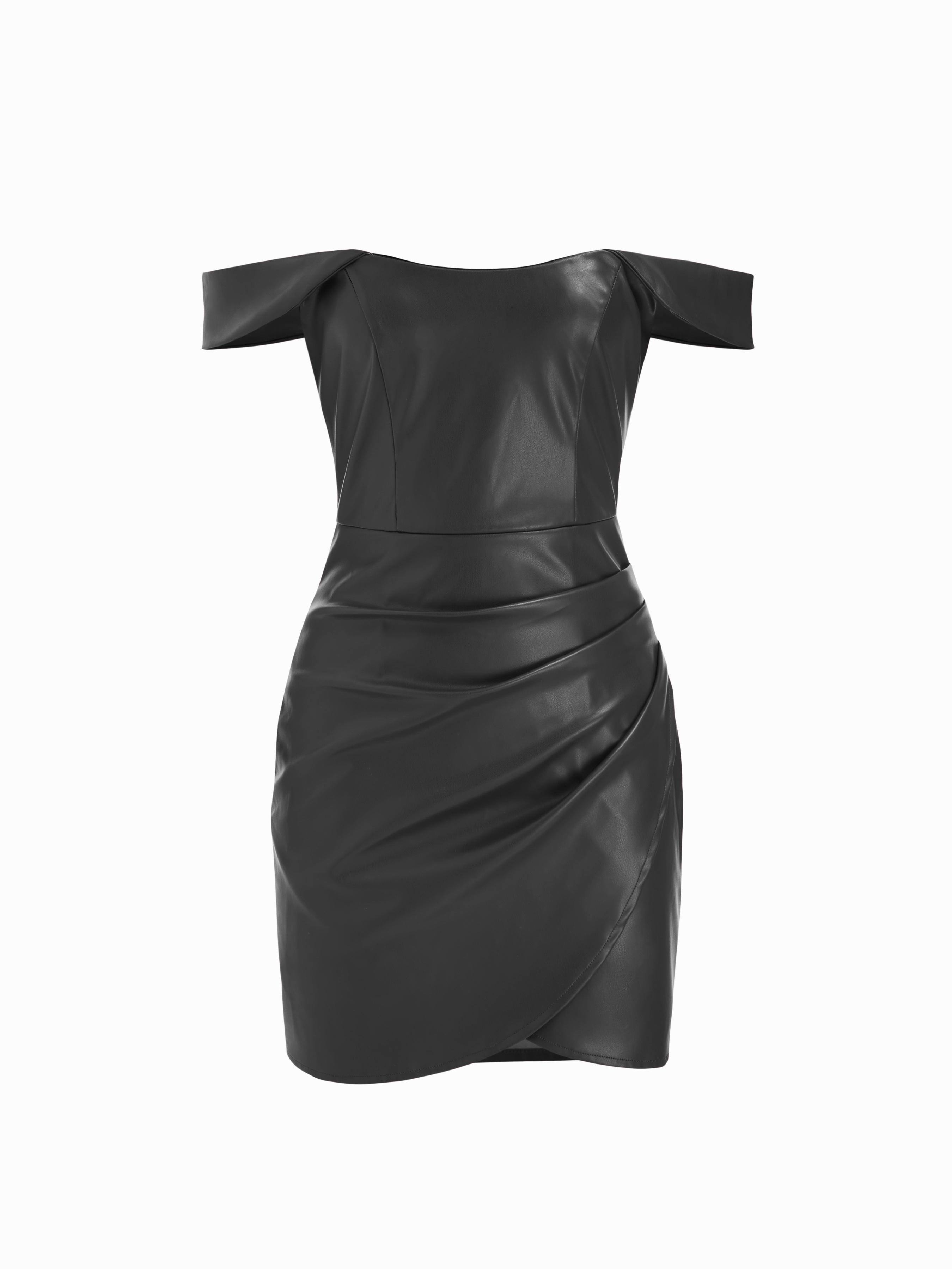 Faux Leather Off-shoulder Wrap Ruched Mini Dress by CIDER