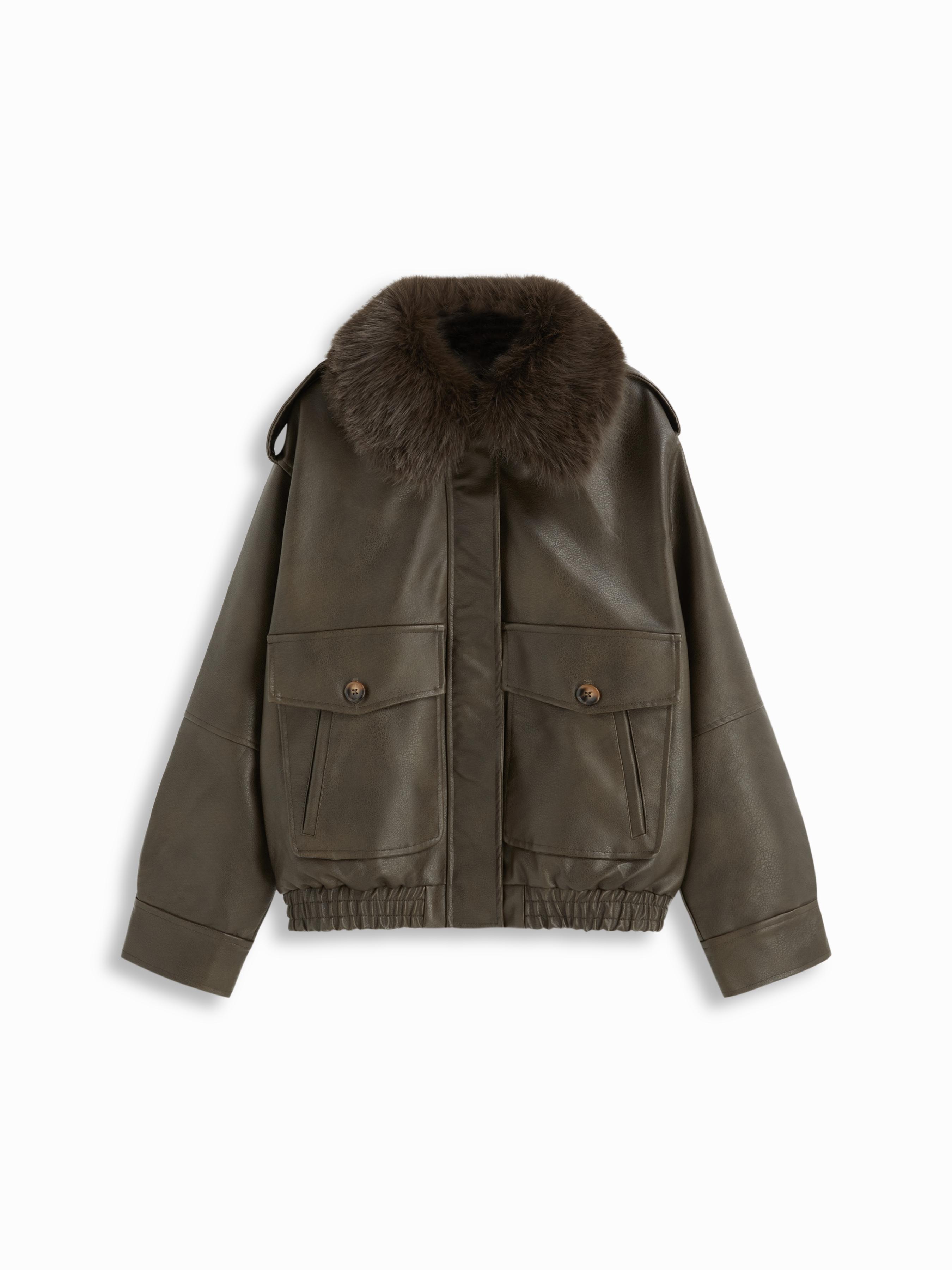 Faux Leather Oversized Biker Jacket With Detachable Faux Fur Collar by CIDER