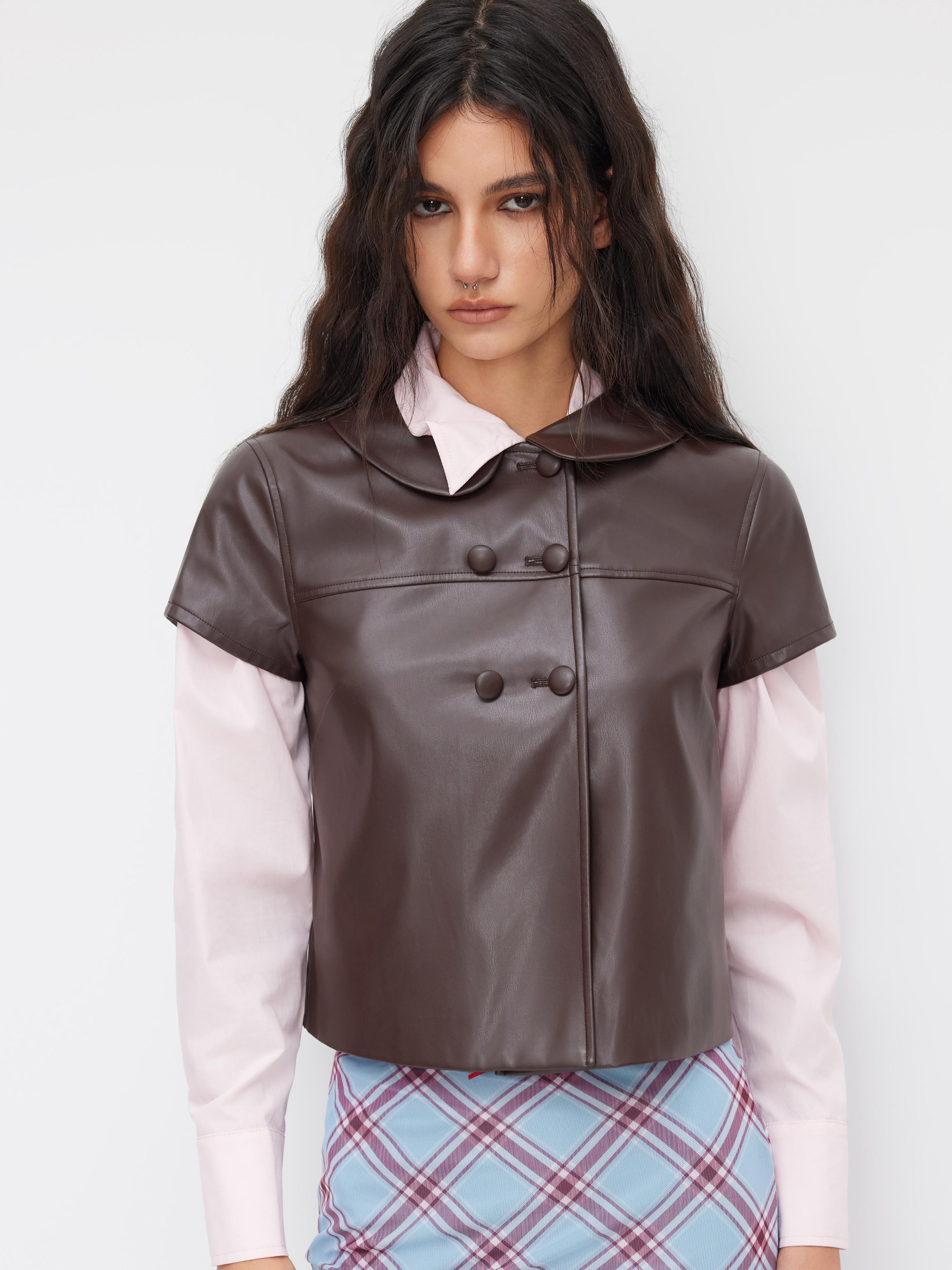 Faux Leather Peter Pan Collar Button Short Sleeve Crop Blouse by CIDER