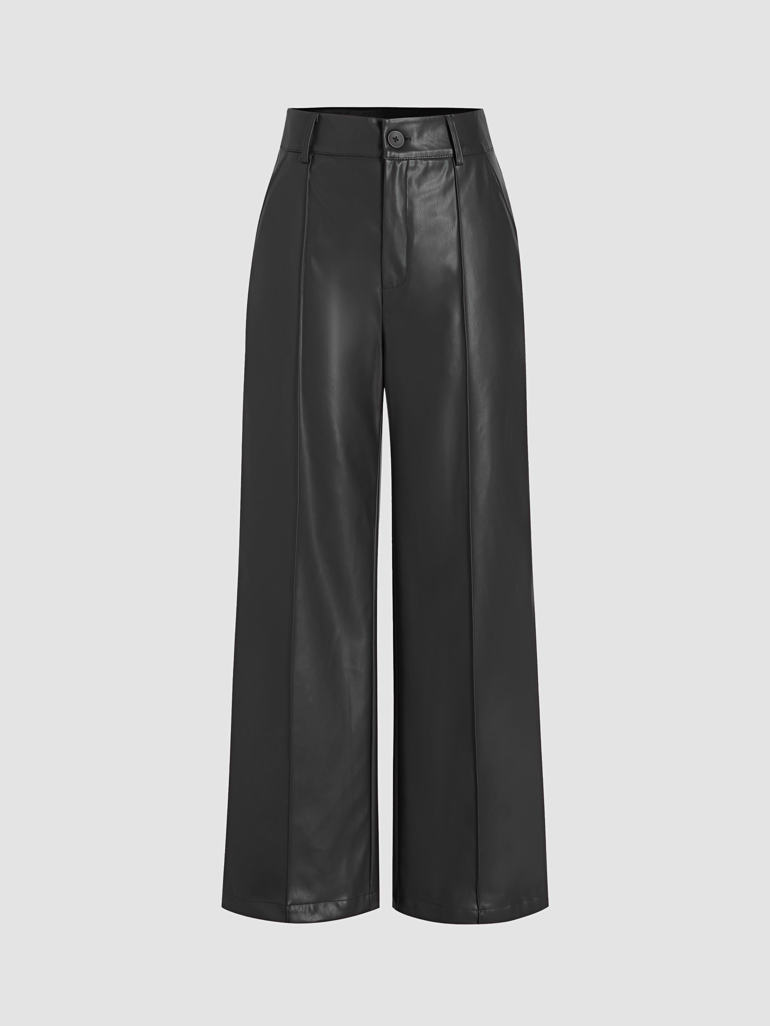 Faux Leather Solid High Waist  Wide Leg Trousers by CIDER