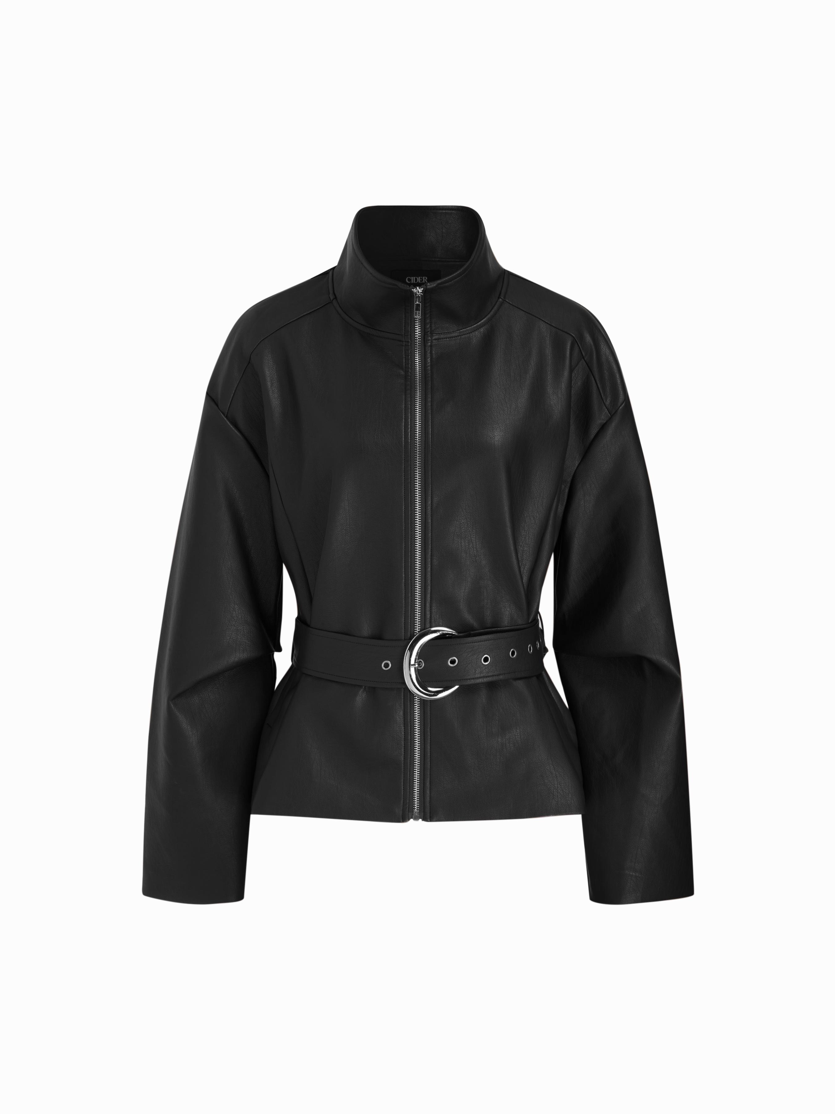 Faux Leather Stand Collar Zip Through Jacket With Belt by CIDER