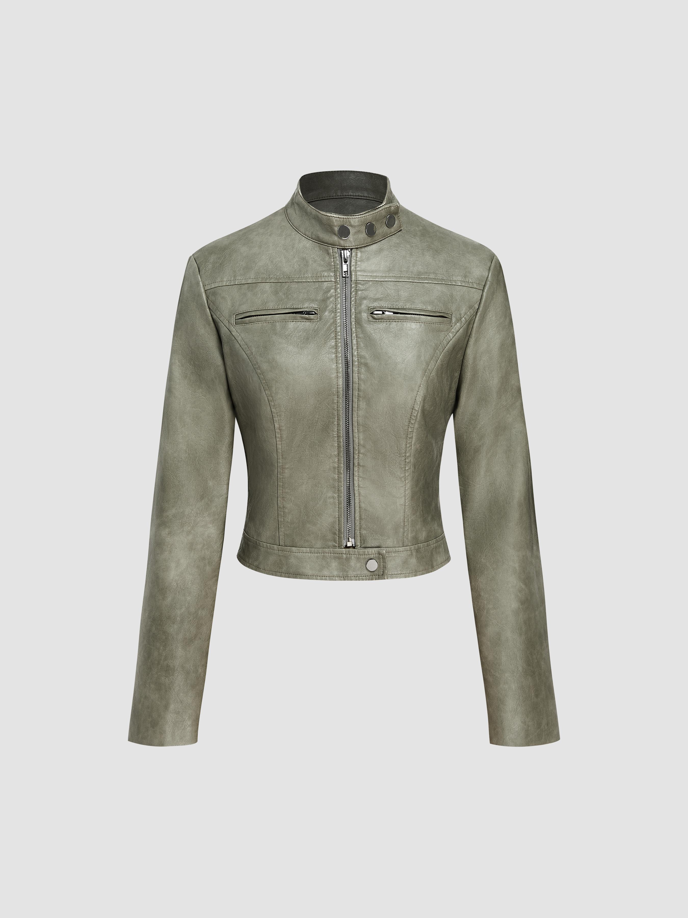 Faux Leather Stand Collar Zipper Biker Jacket by CIDER