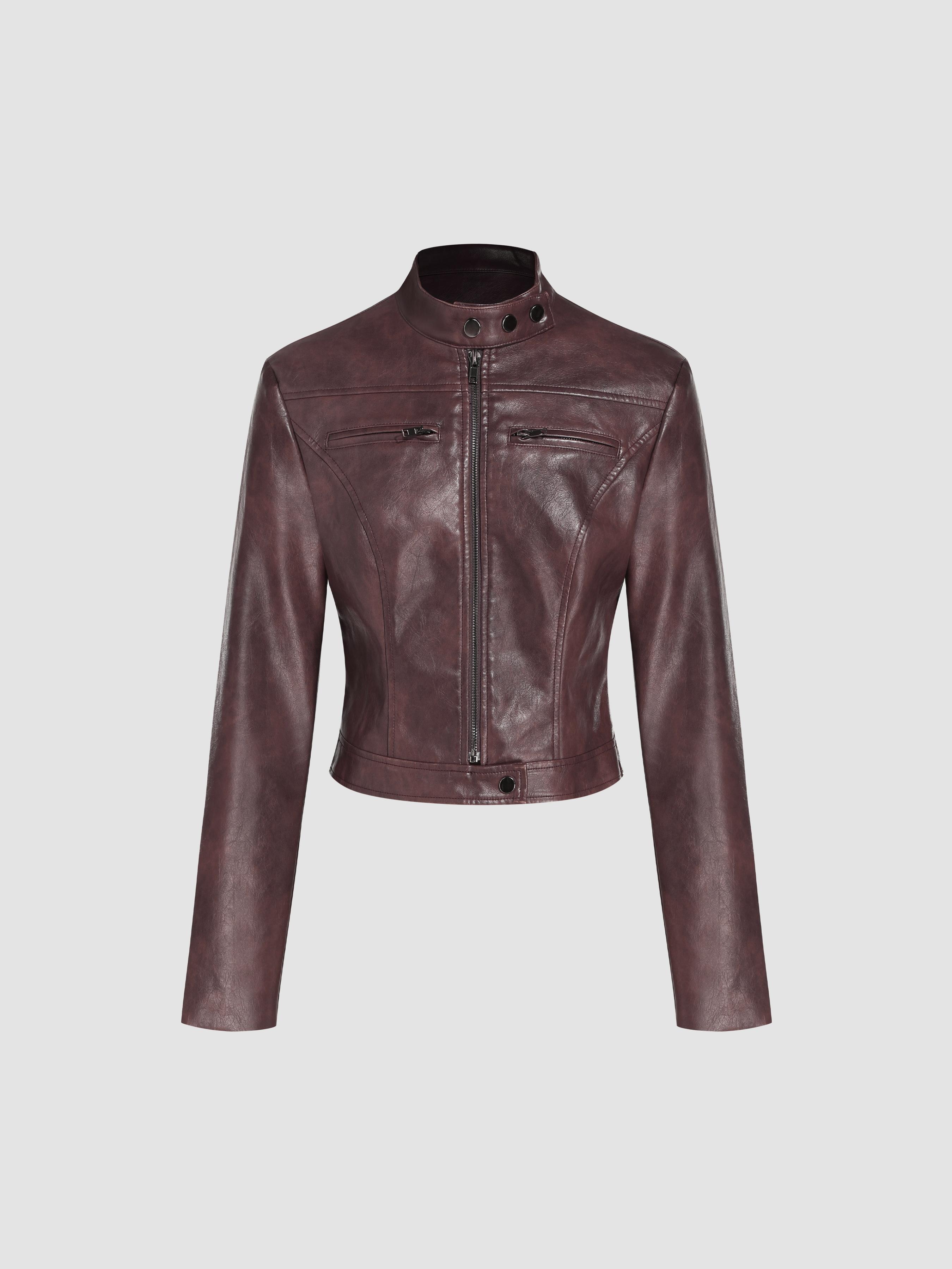 Faux Leather Stand Collar Zipper Biker Jacket by CIDER