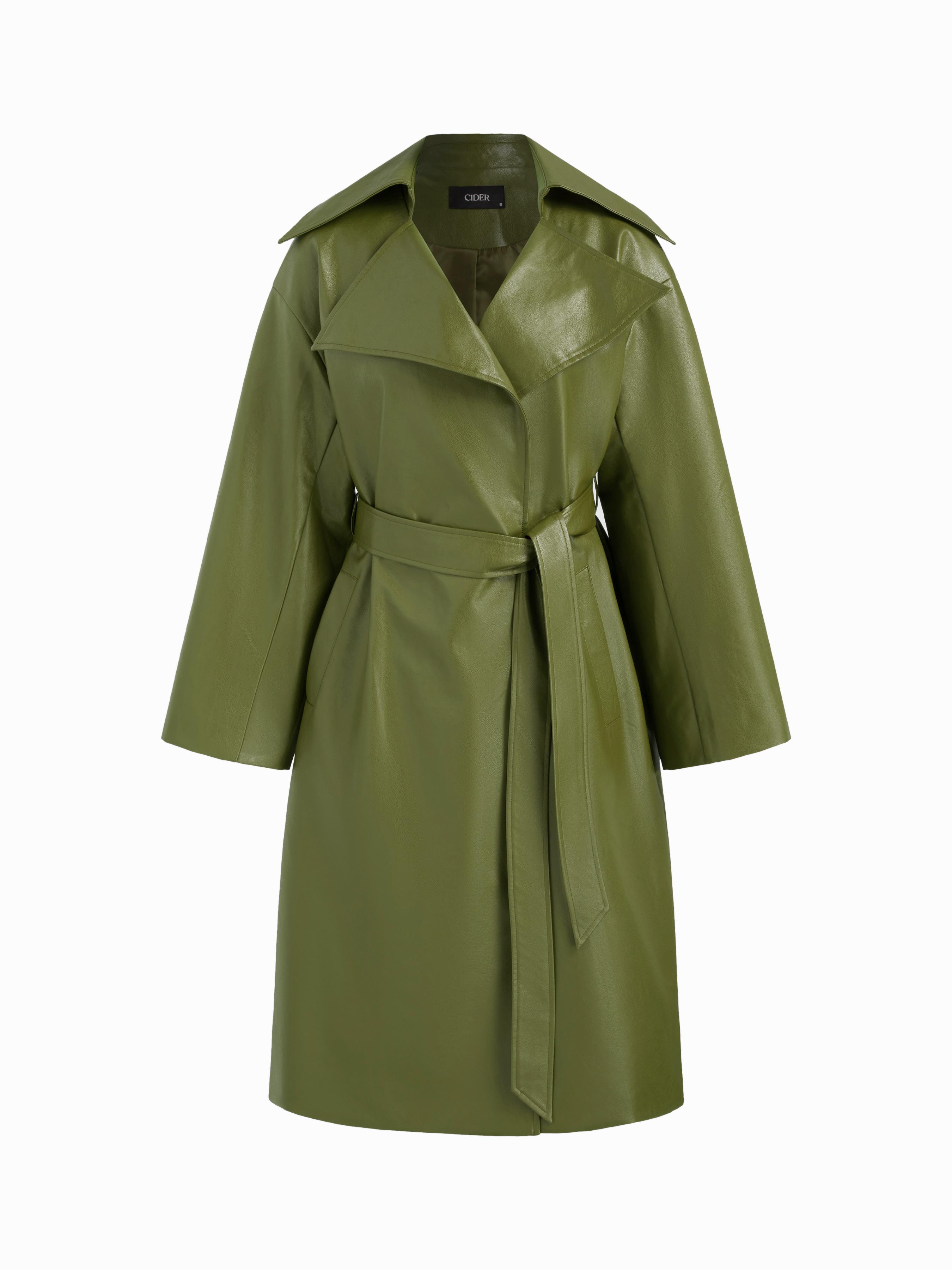 Faux Leather Trench Coat With Belt by CIDER