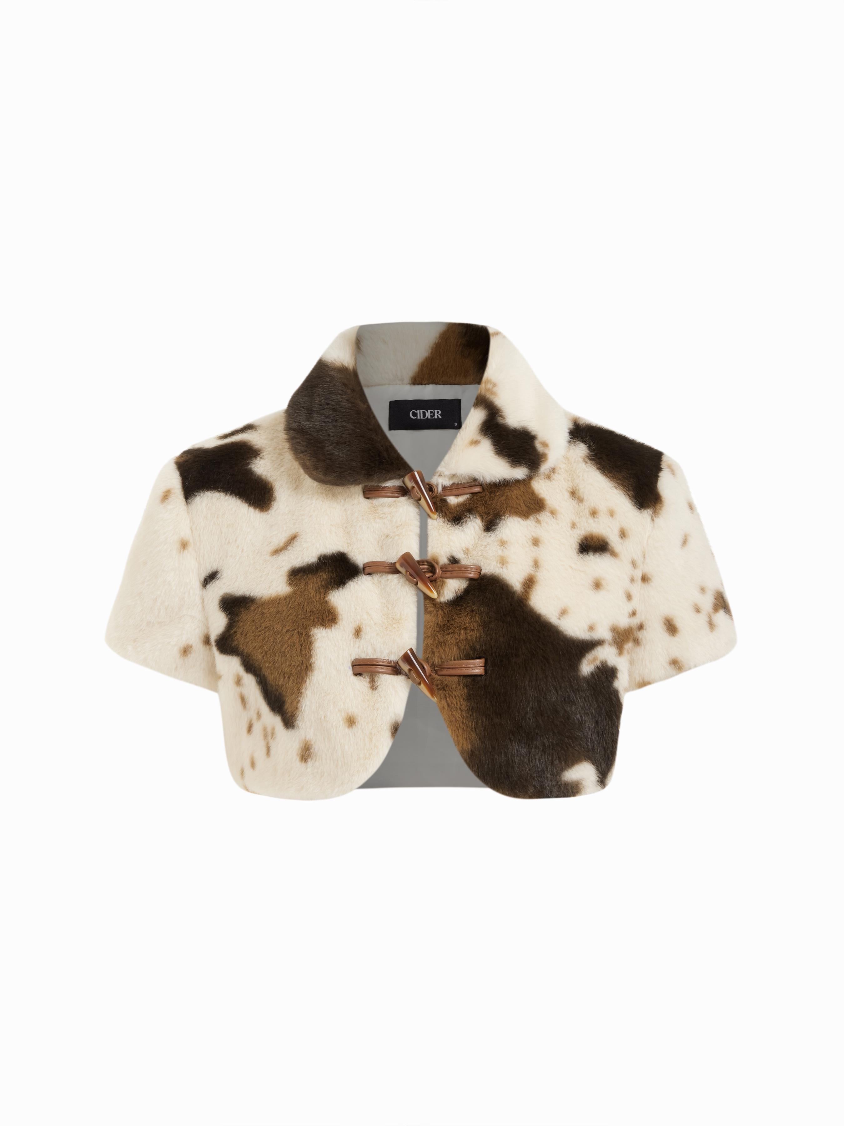 Faux Shearling Collar Deer Print Toggle Button Short Sleeve Jacket by CIDER
