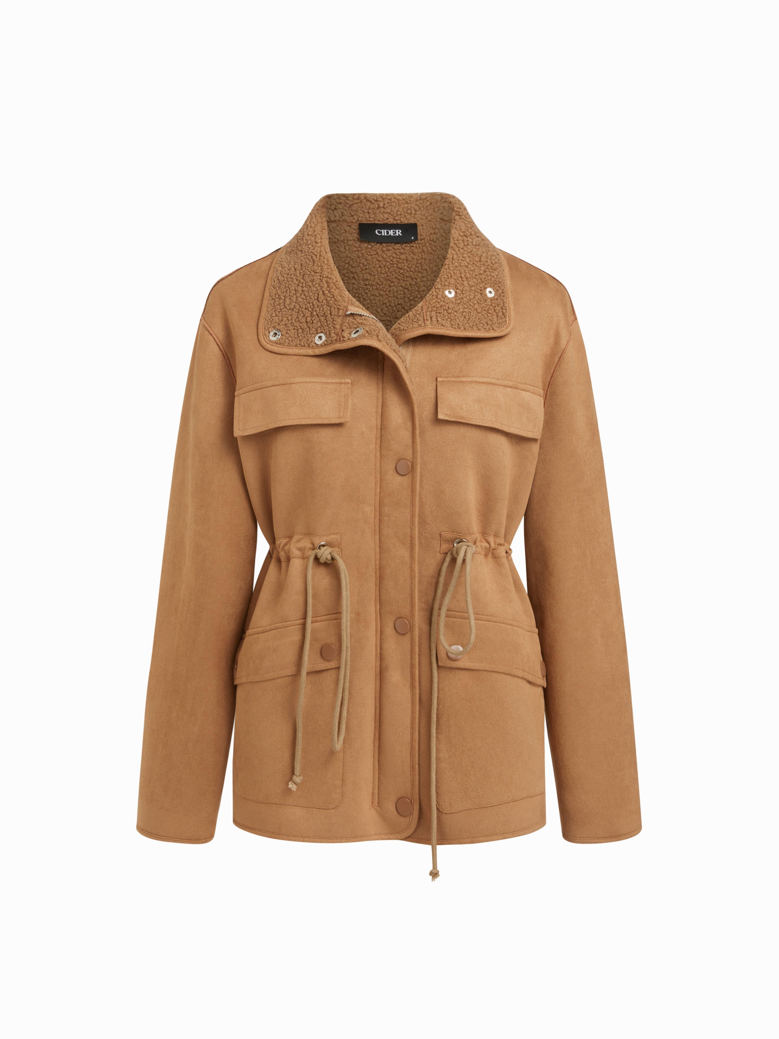 Faux Shearling Collar Drawstring Zip Through Longline Oversized Jacket by CIDER