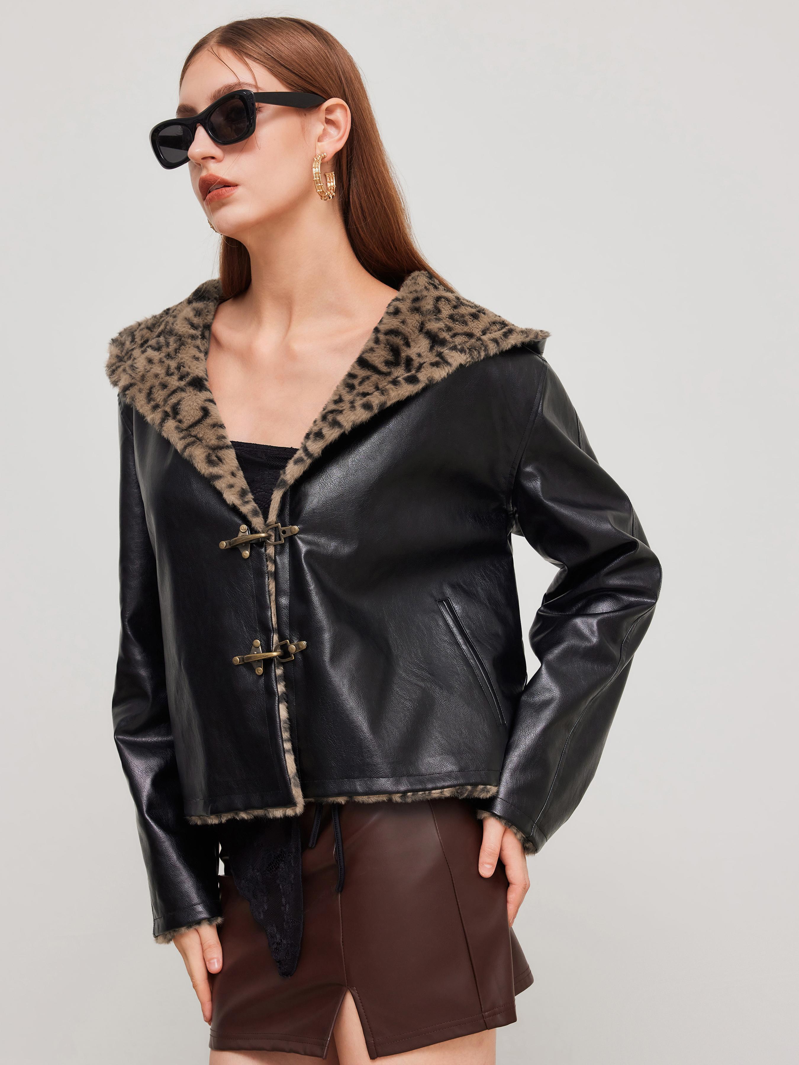 Faux Shearling Hooded Jacket With Leopard Lining by CIDER
