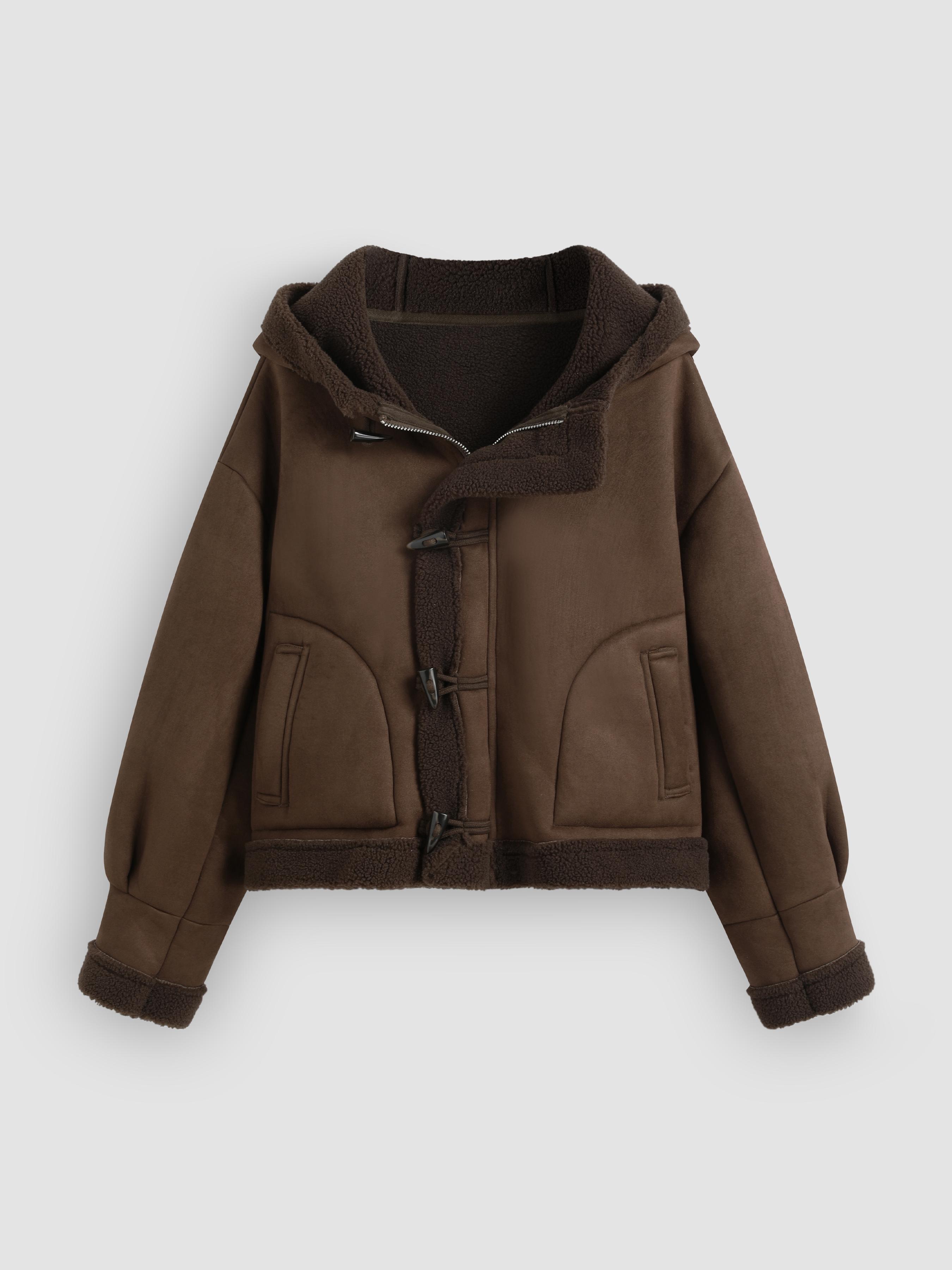 Faux Shearling Hooded Pocket Toggle Button Oversized Jacket by CIDER