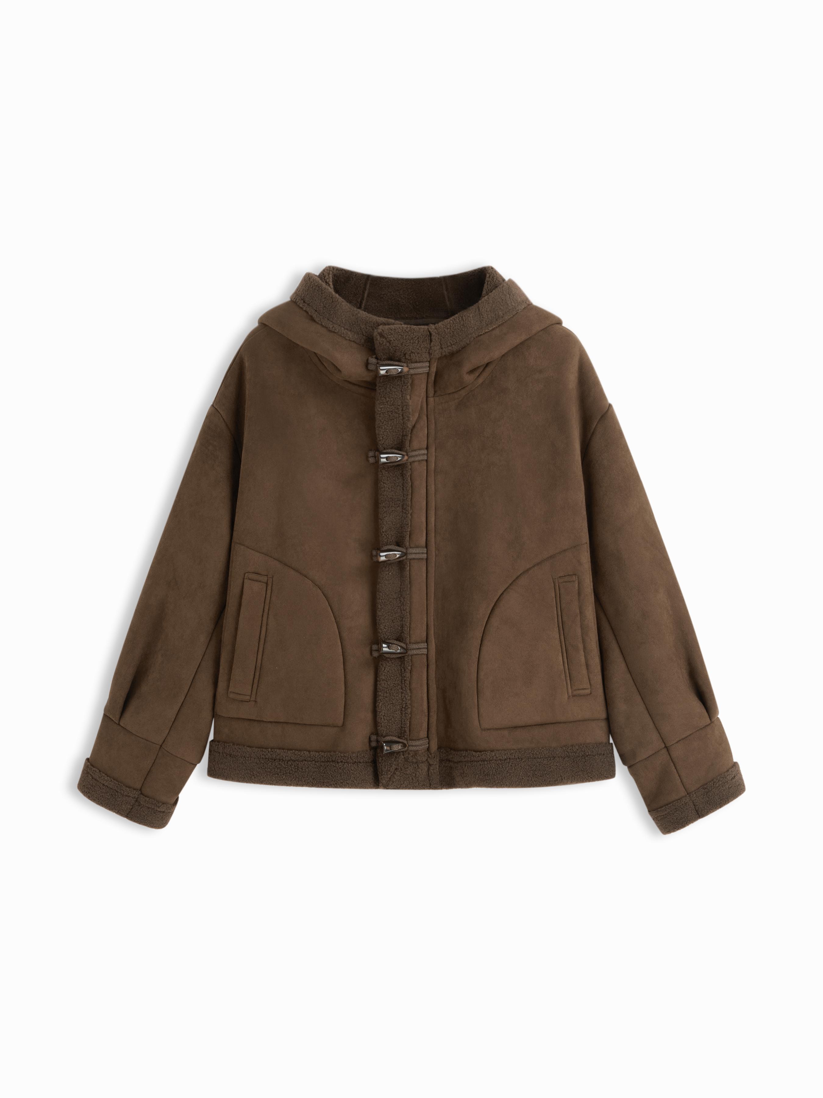 Faux Shearling Hooded Pocket Toggle Button Oversized Jacket Curve & Plus by CIDER