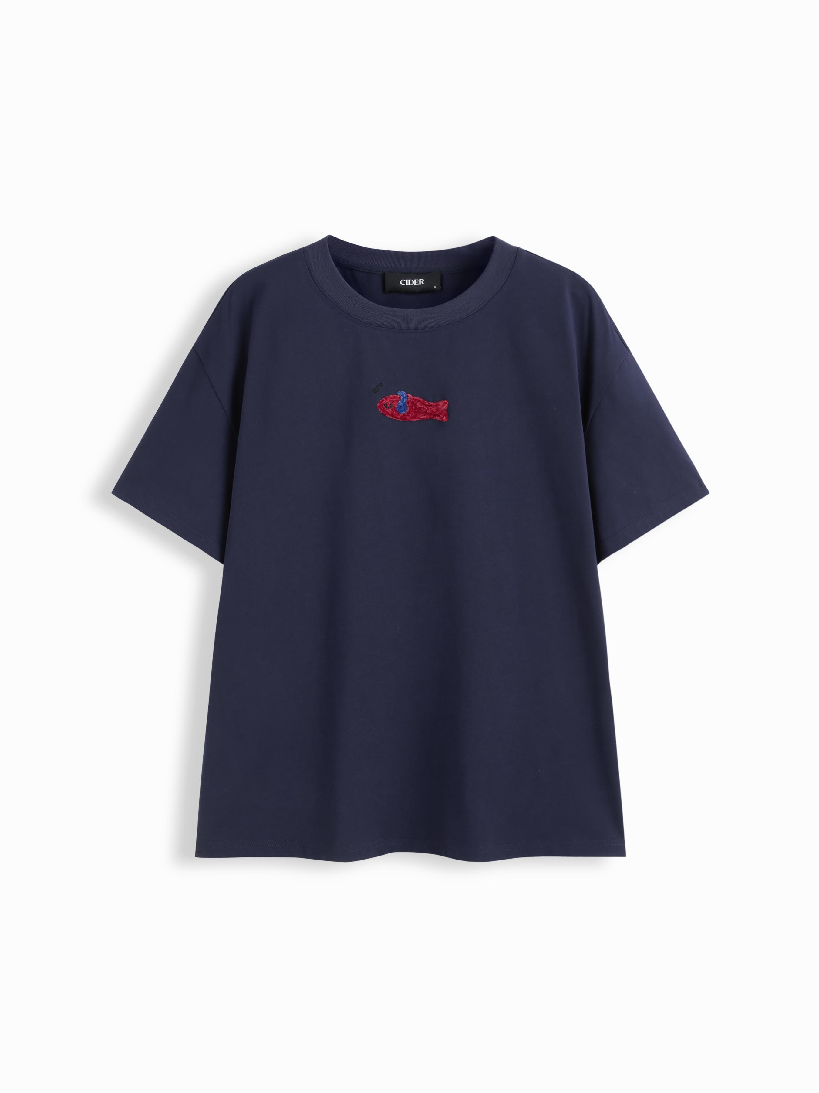 Fish Embroidery Cotton-blend Oversized Tee by CIDER