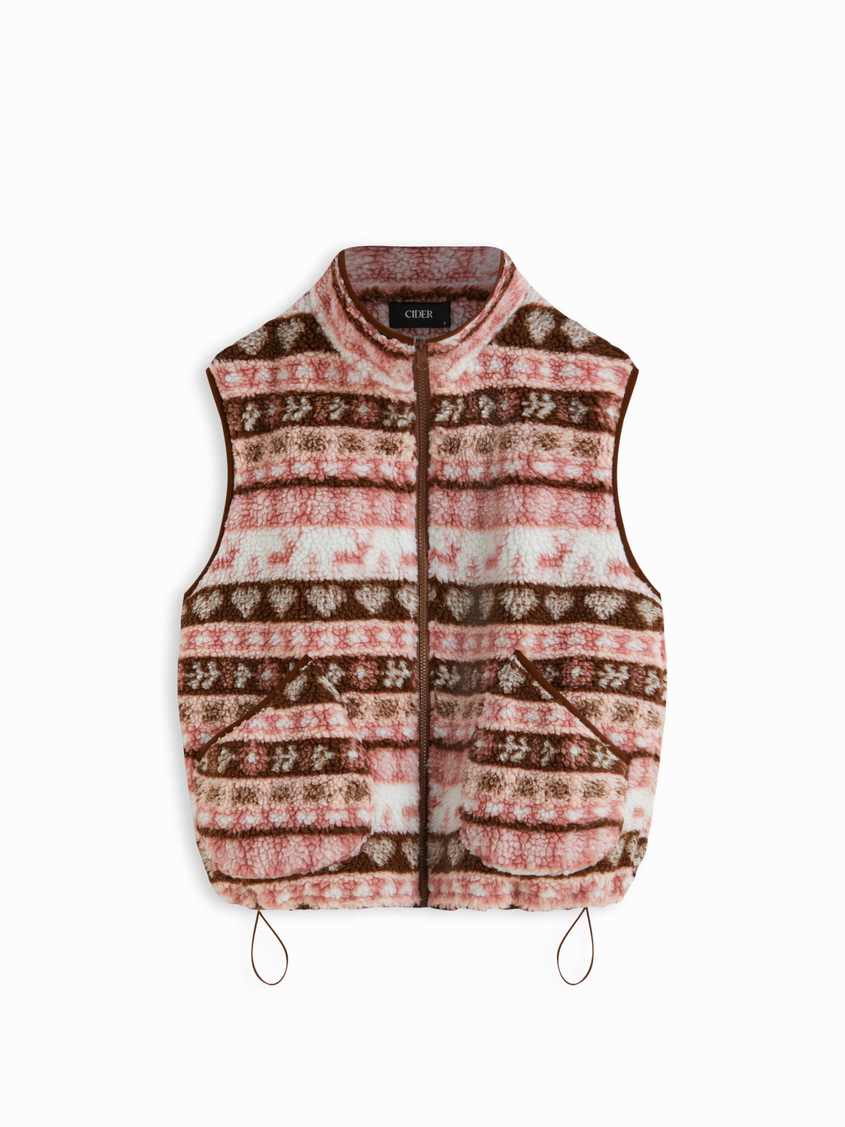 Fleece Aztec Stand Collar Drawstring Zip Through Oversized Jacket Vest by CIDER