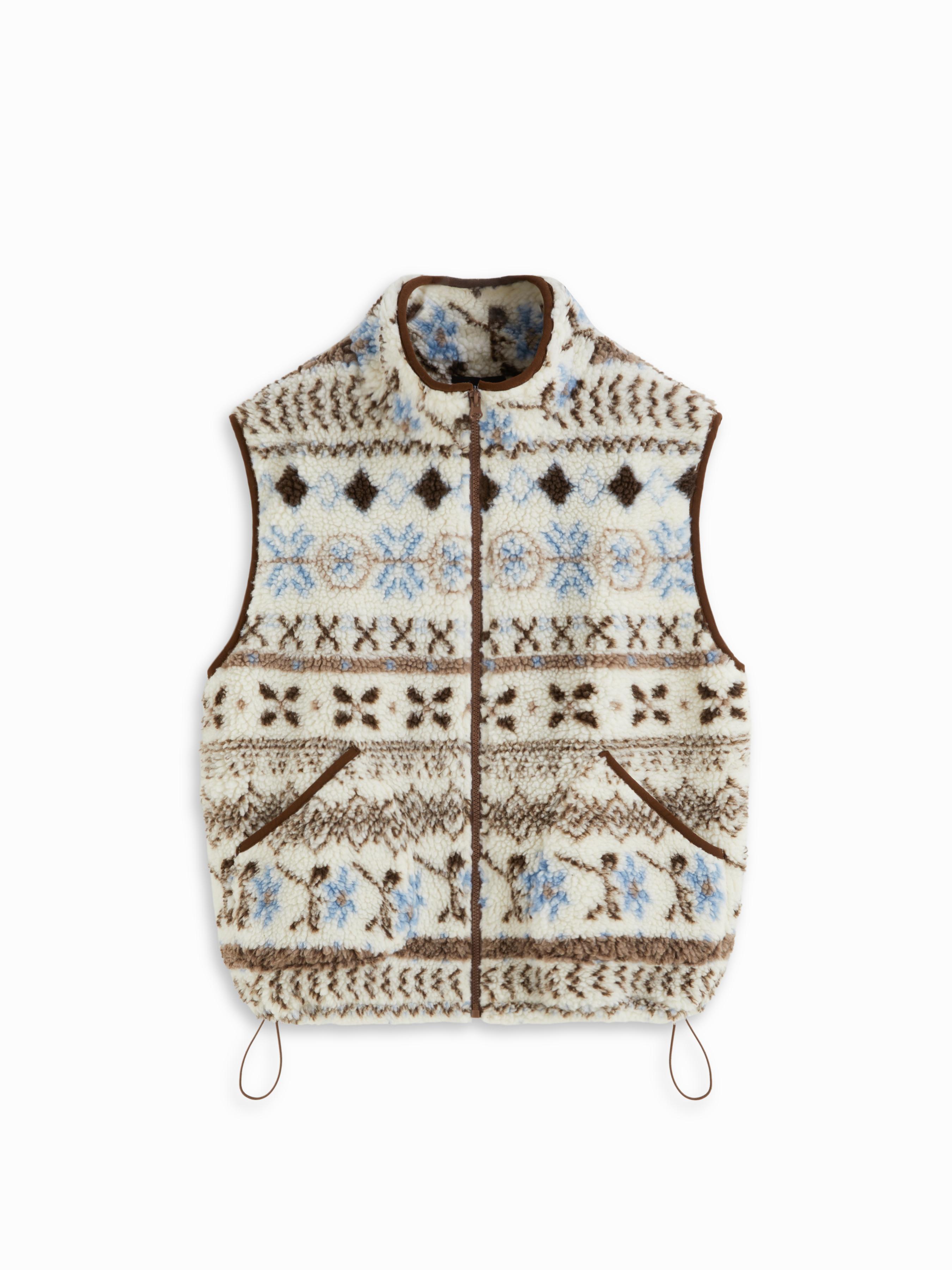 Fleece Aztec Stand Collar Drawstring Zip Through Oversized Jacket Vest by CIDER