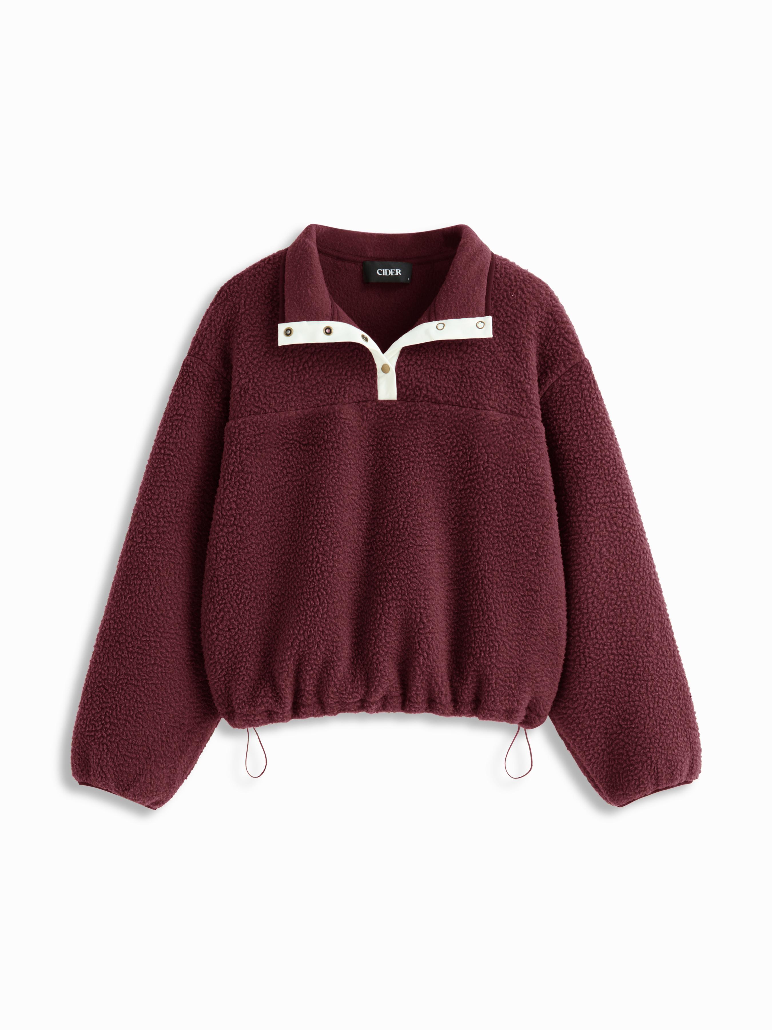 Fleece Collar Drawstring Button Long Sleeve Sweatshirt by CIDER