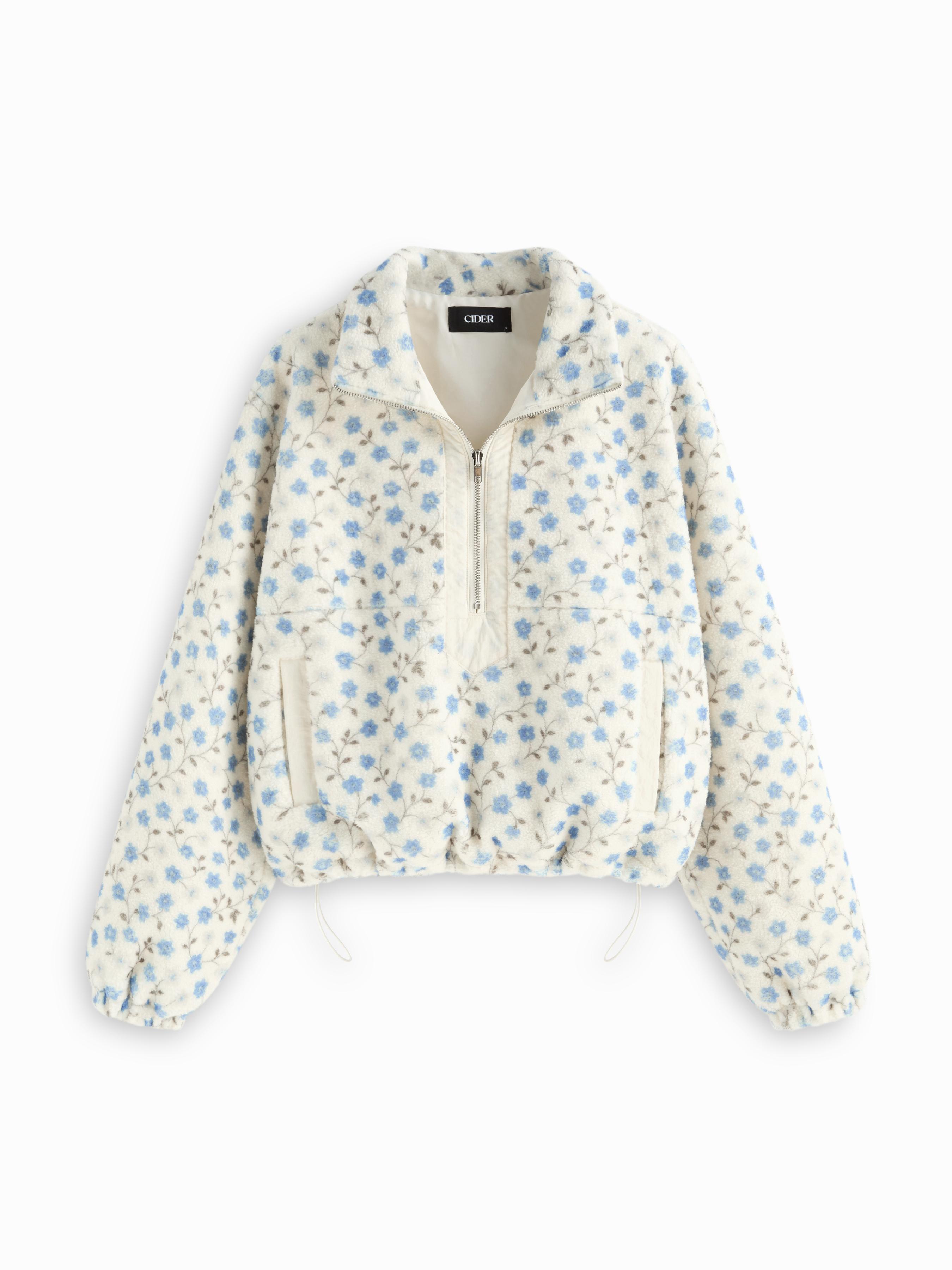 Fleece Collar Floral Zip Through Drawstring Oversized Sweatshirt by CIDER