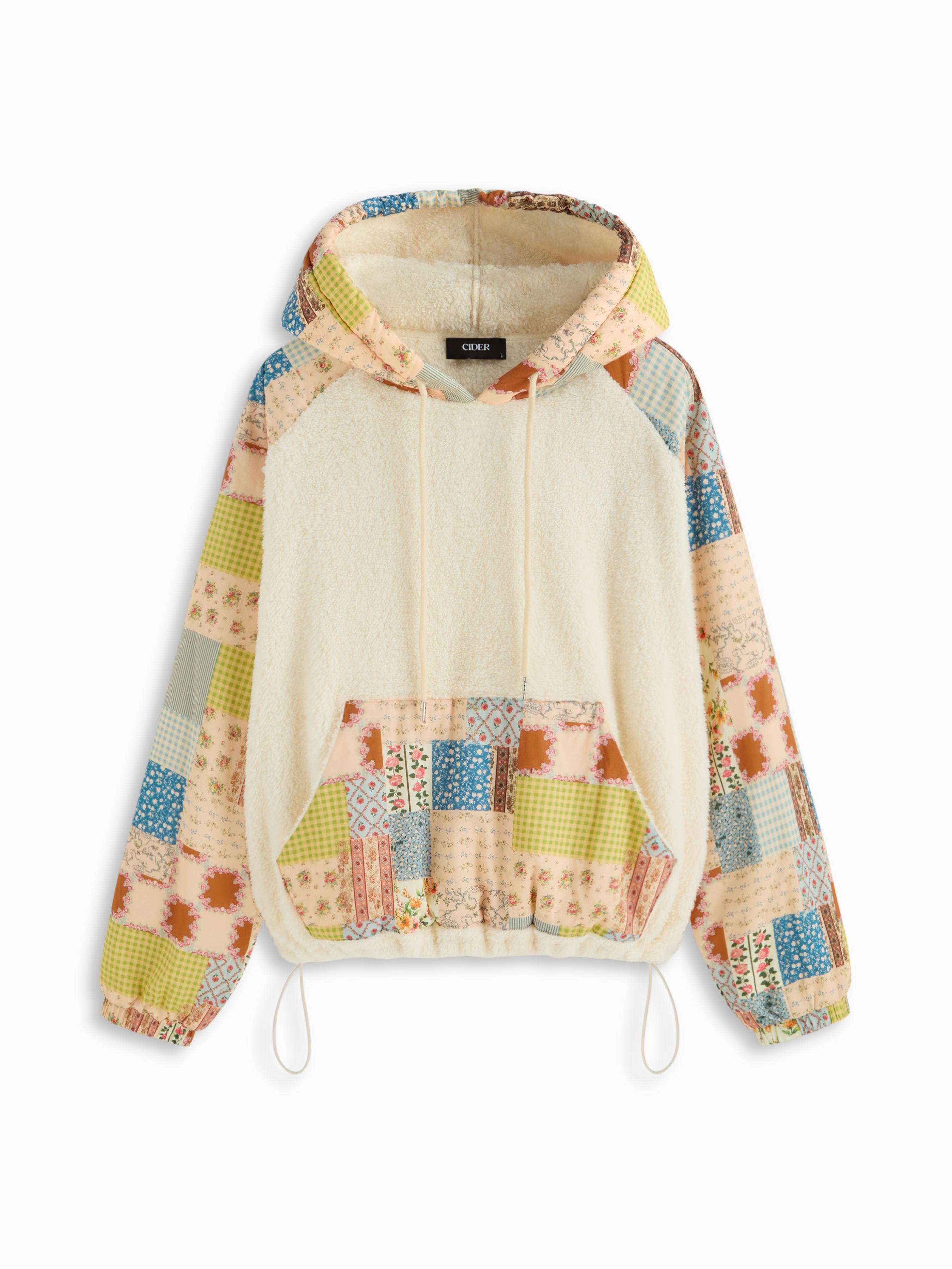 Fleece Geometric & Ditsy Floral Patched Drawstring Oversized Hoodie by CIDER