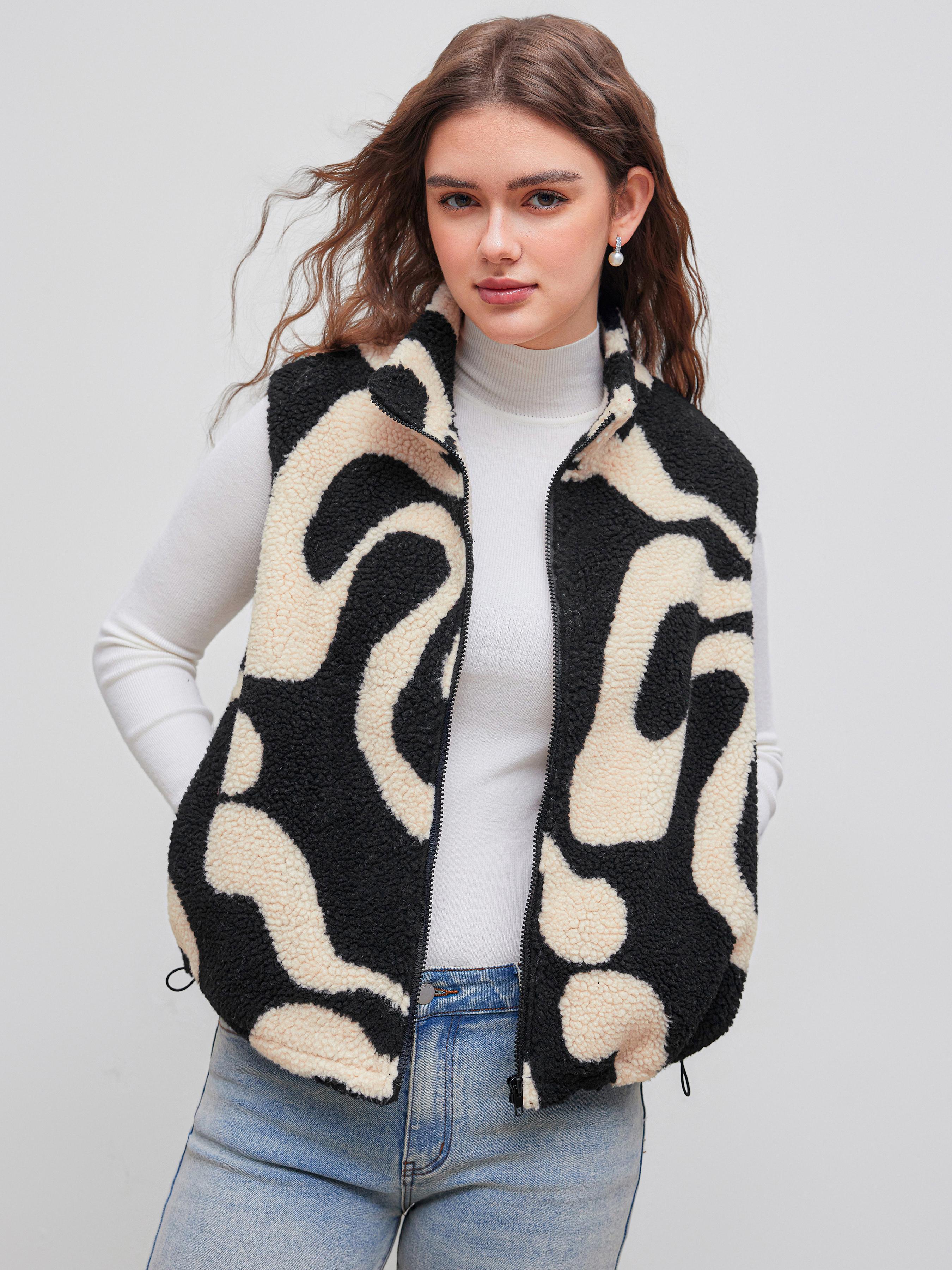 Fleece High Neck Geometric Puffer Vest by CIDER