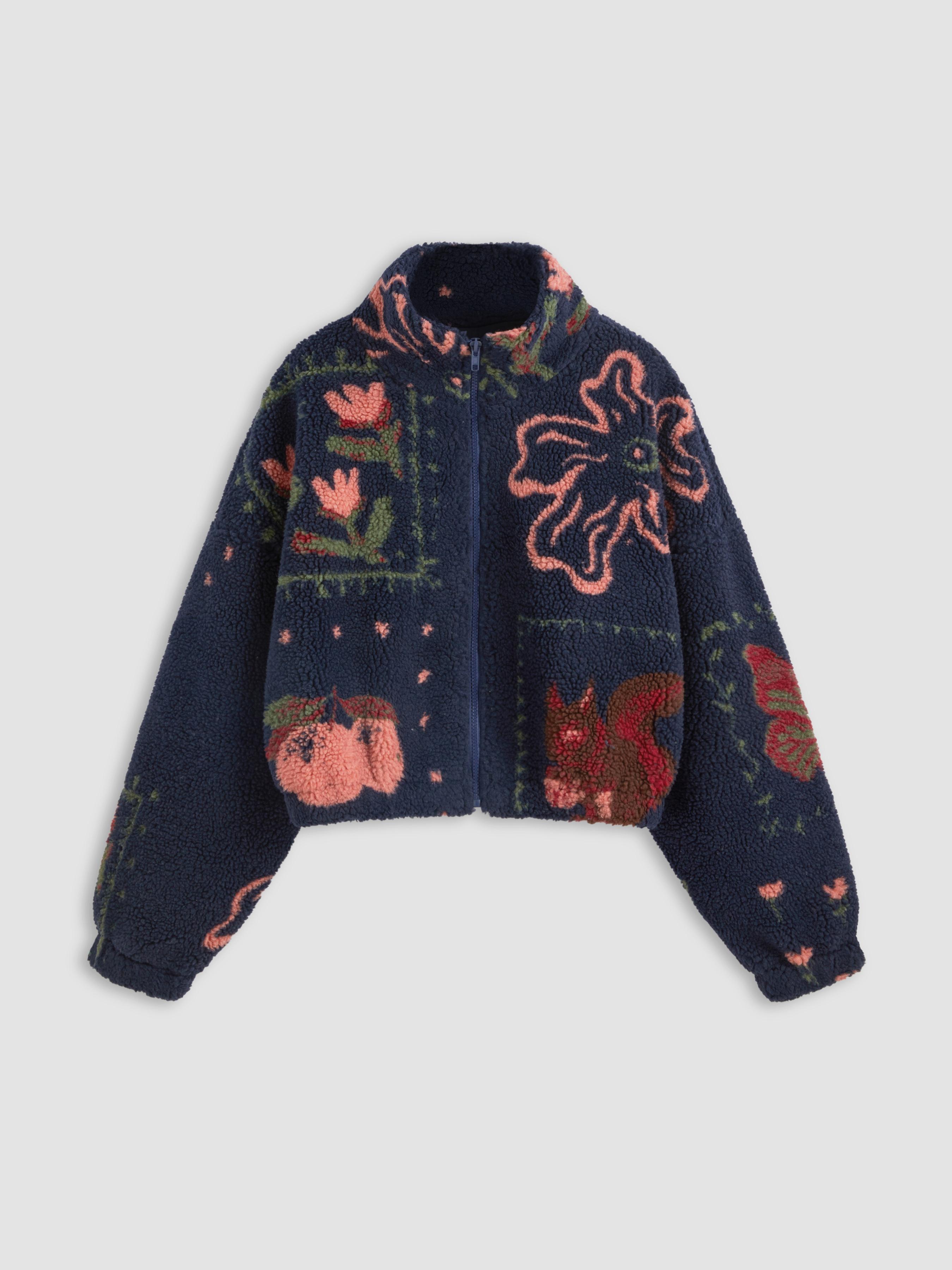 Fleece High Neck Graphic Zipper Jacket by CIDER