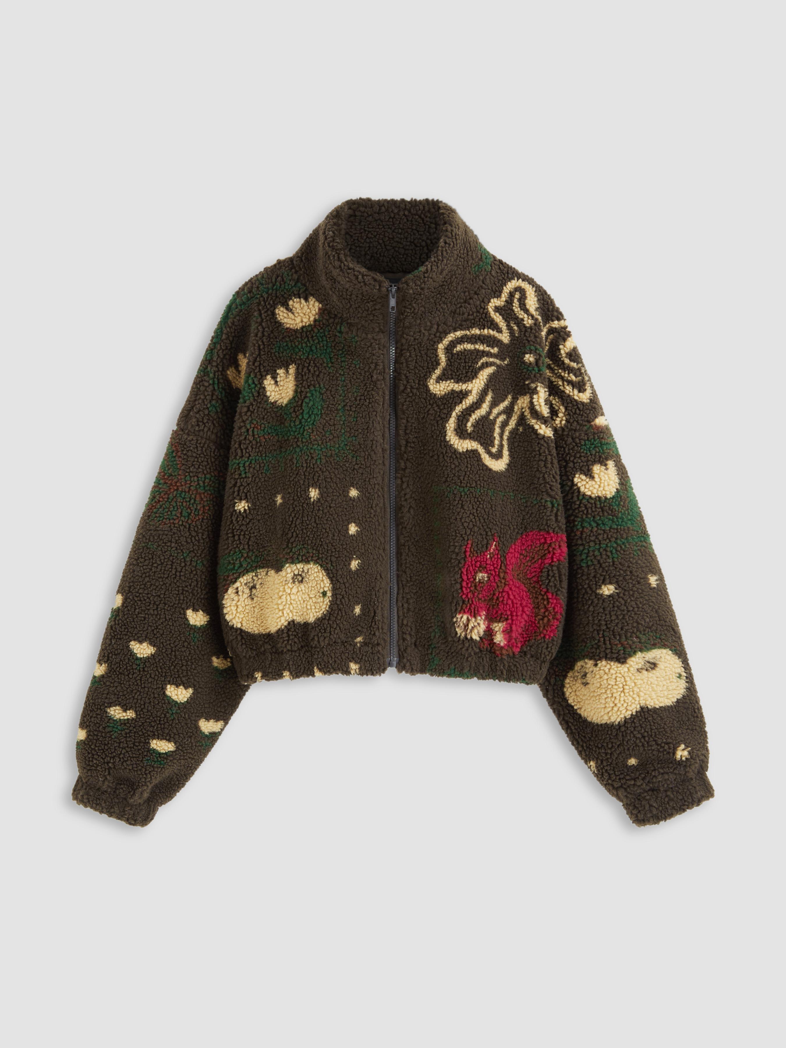 Fleece High Neck Graphic Zipper Jacket by CIDER