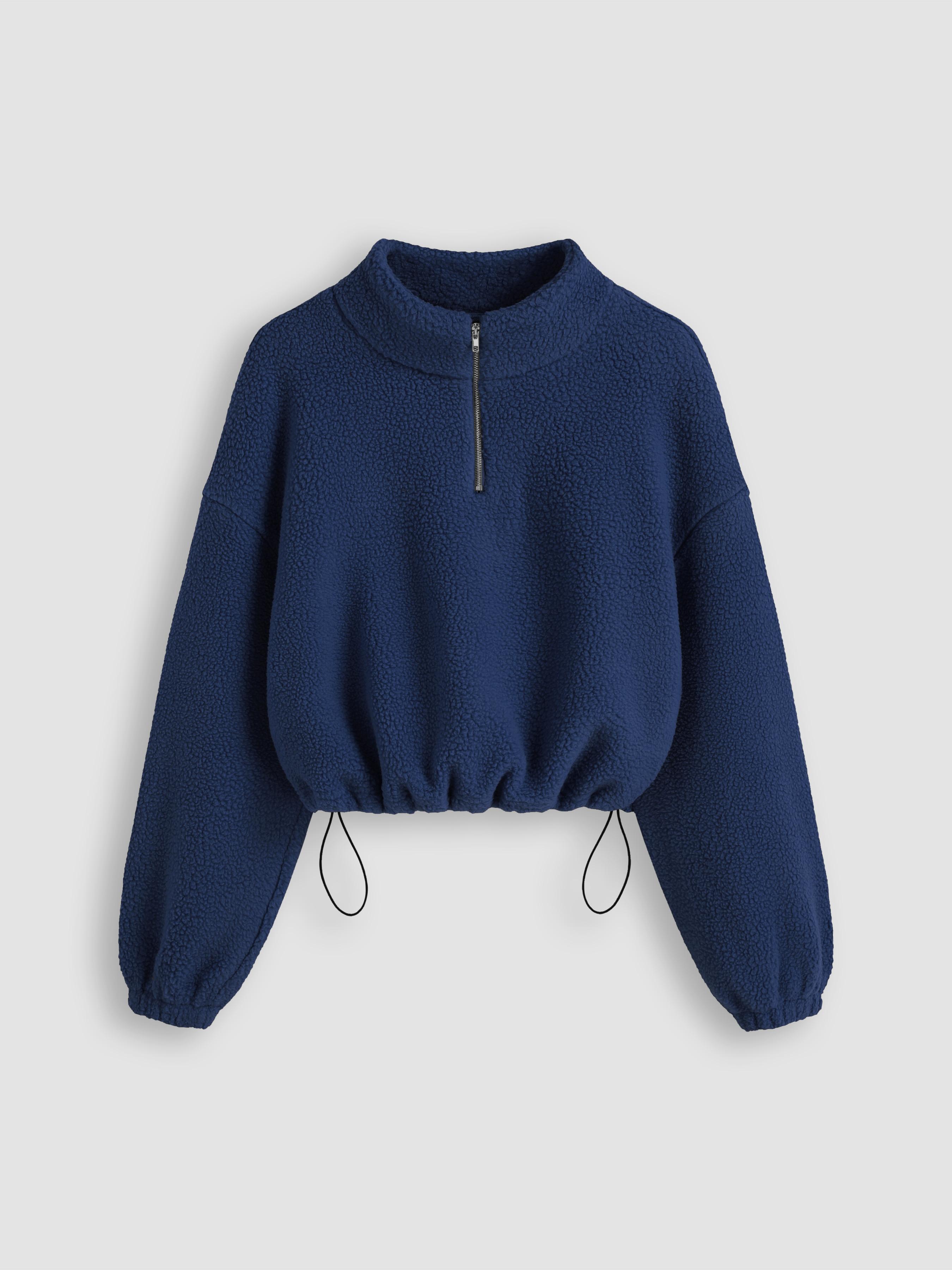 Fleece High Neck Solid Drawstring Zipper Sweatshirt by CIDER