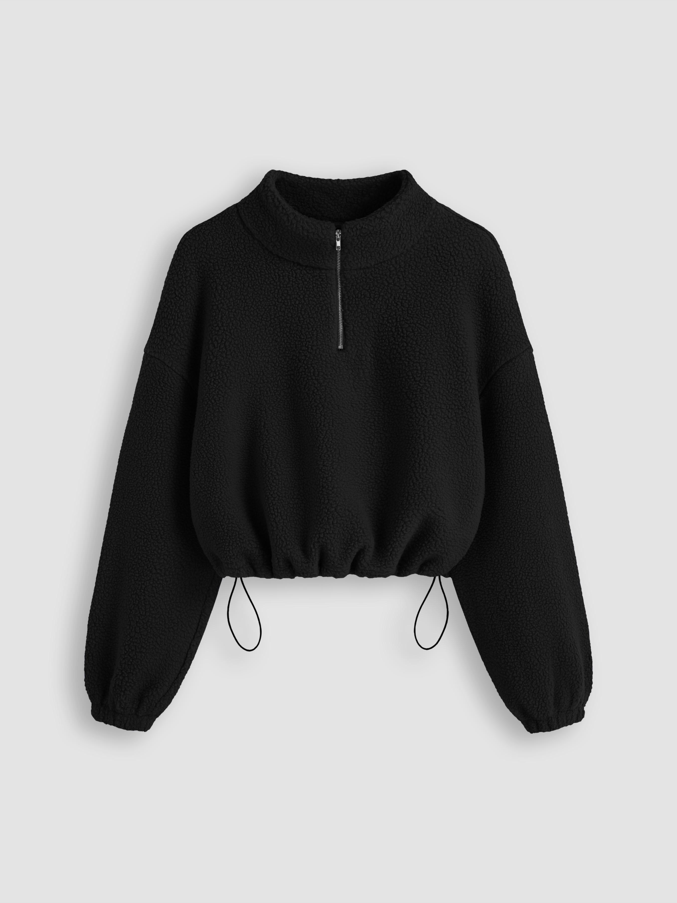Fleece High Neck Solid Drawstring Zipper Sweatshirt by CIDER