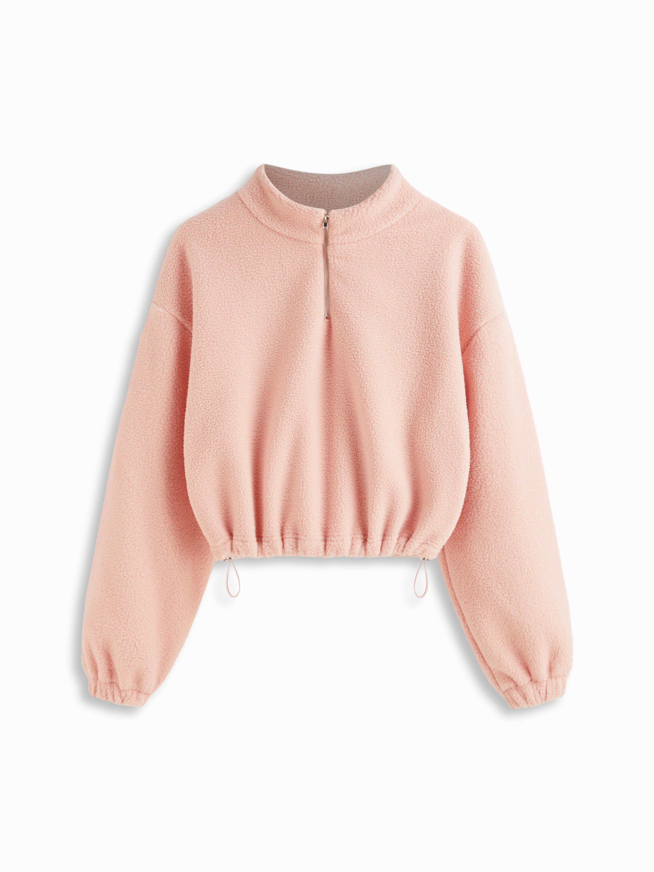 Fleece High Neck Solid Drawstring Zipper Sweatshirt by CIDER