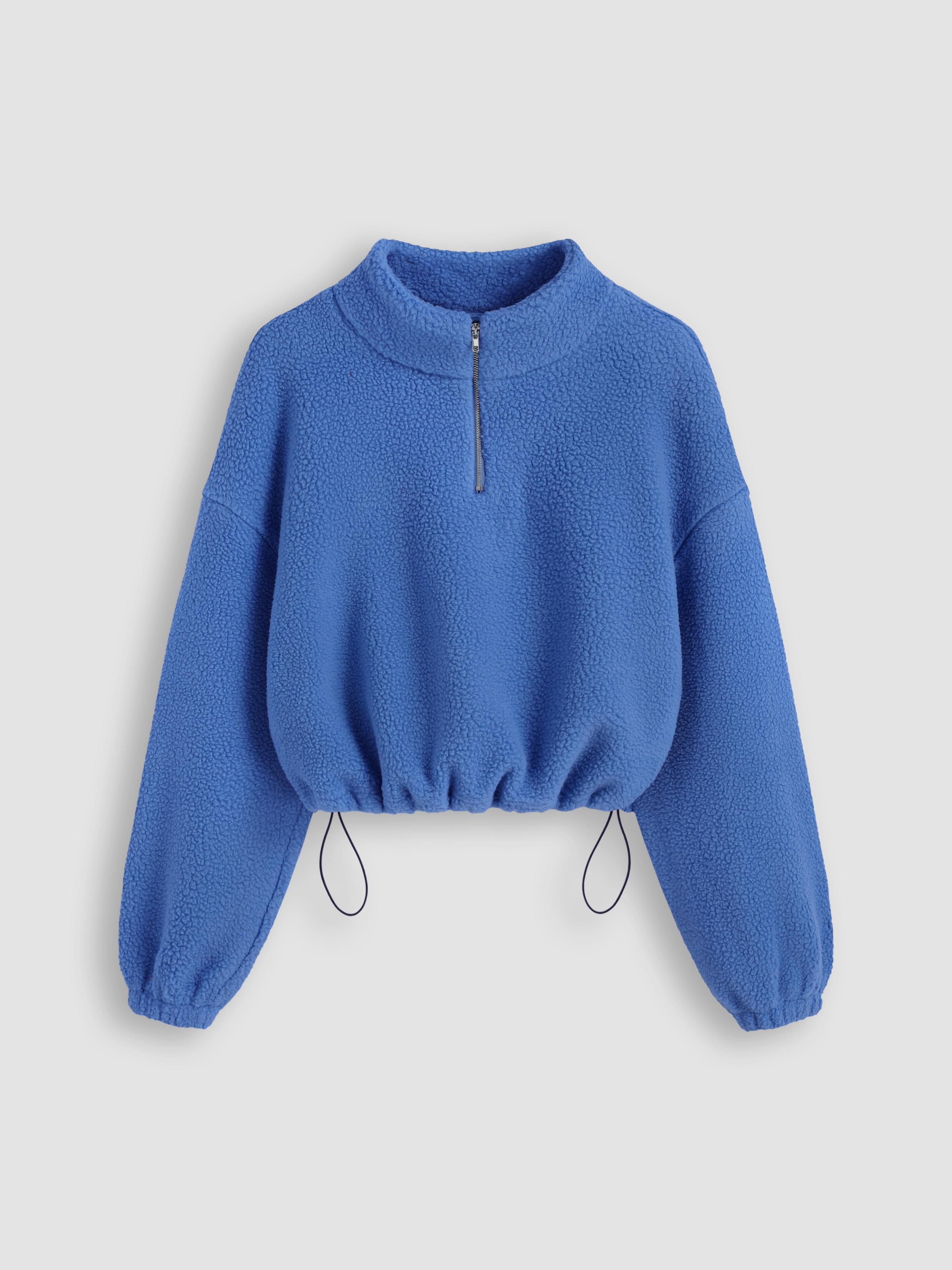 Fleece High Neck Solid Drawstring Zipper Sweatshirt by CIDER