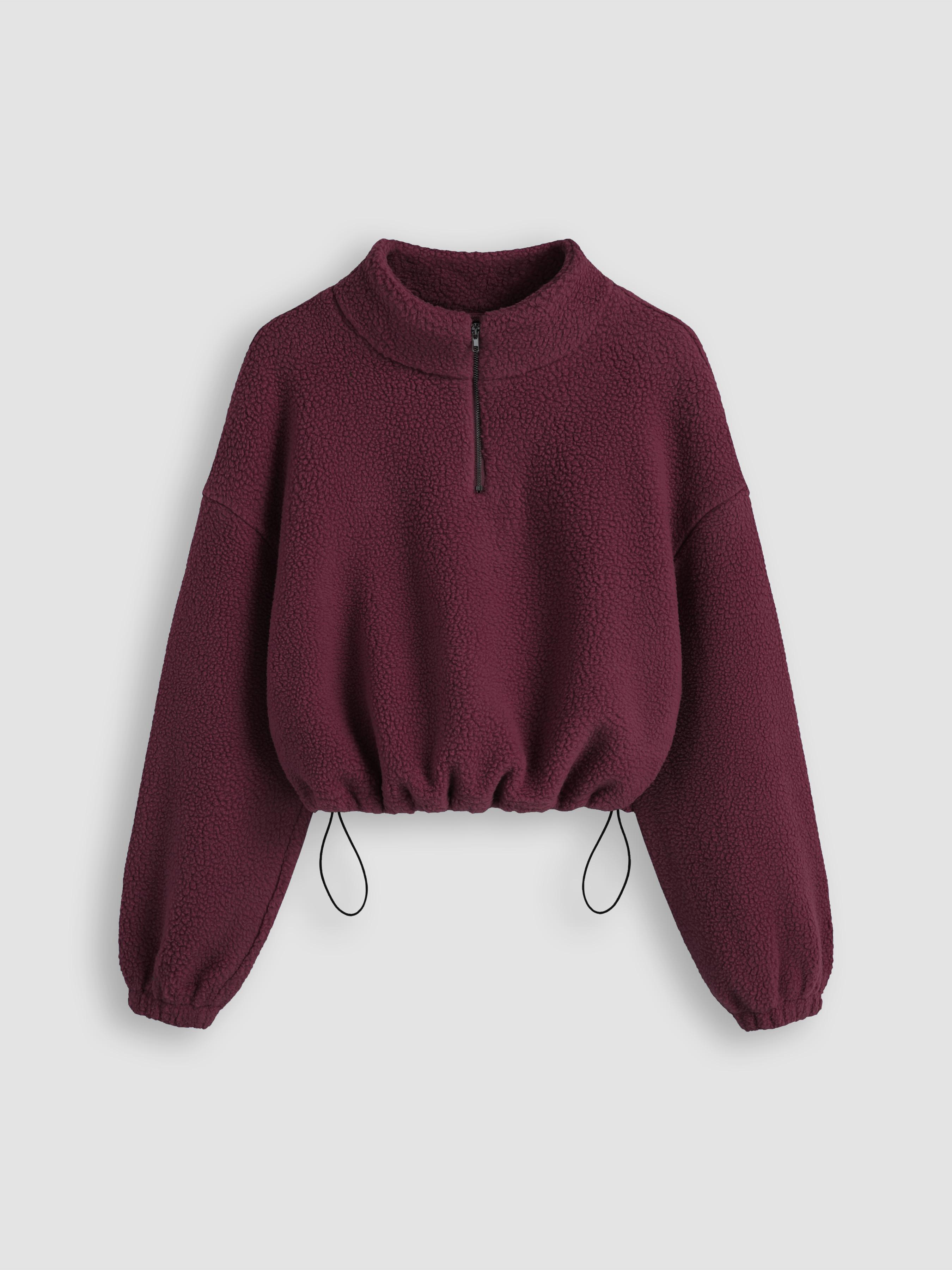 Fleece High Neck Solid Drawstring Zipper Sweatshirt by CIDER