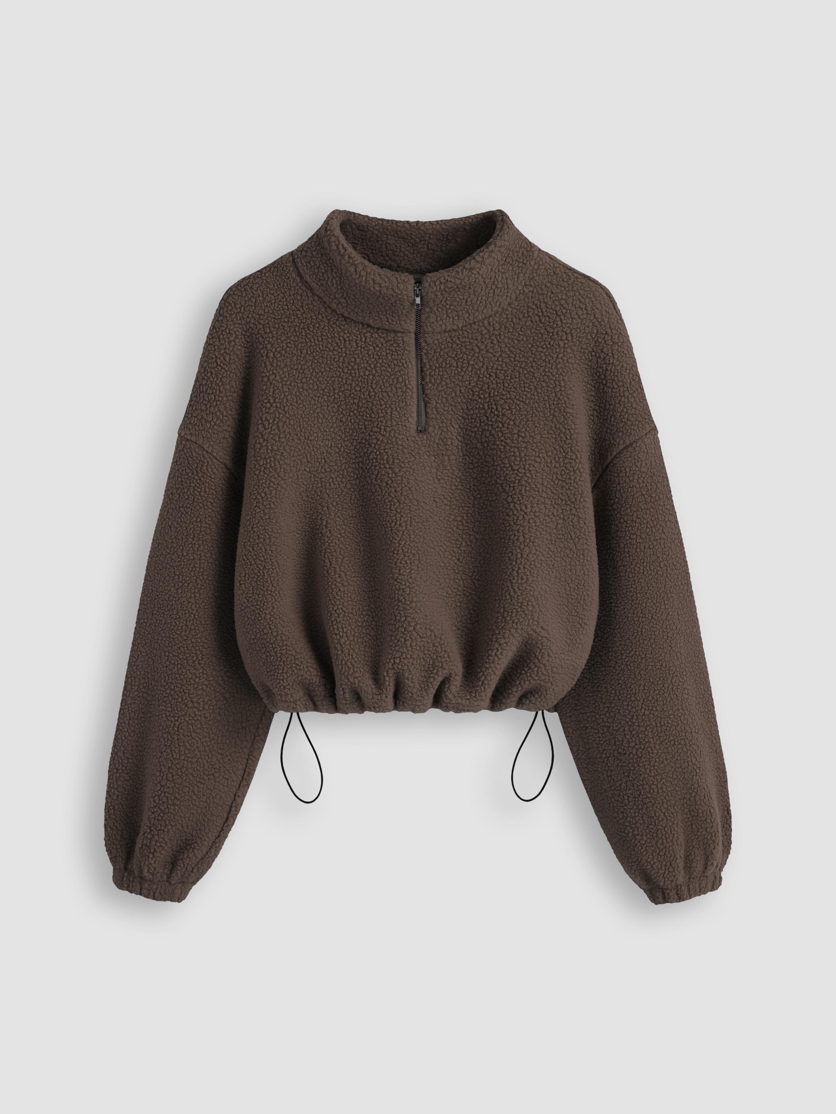 Fleece High Neck Solid Drawstring Zipper Sweatshirt by CIDER