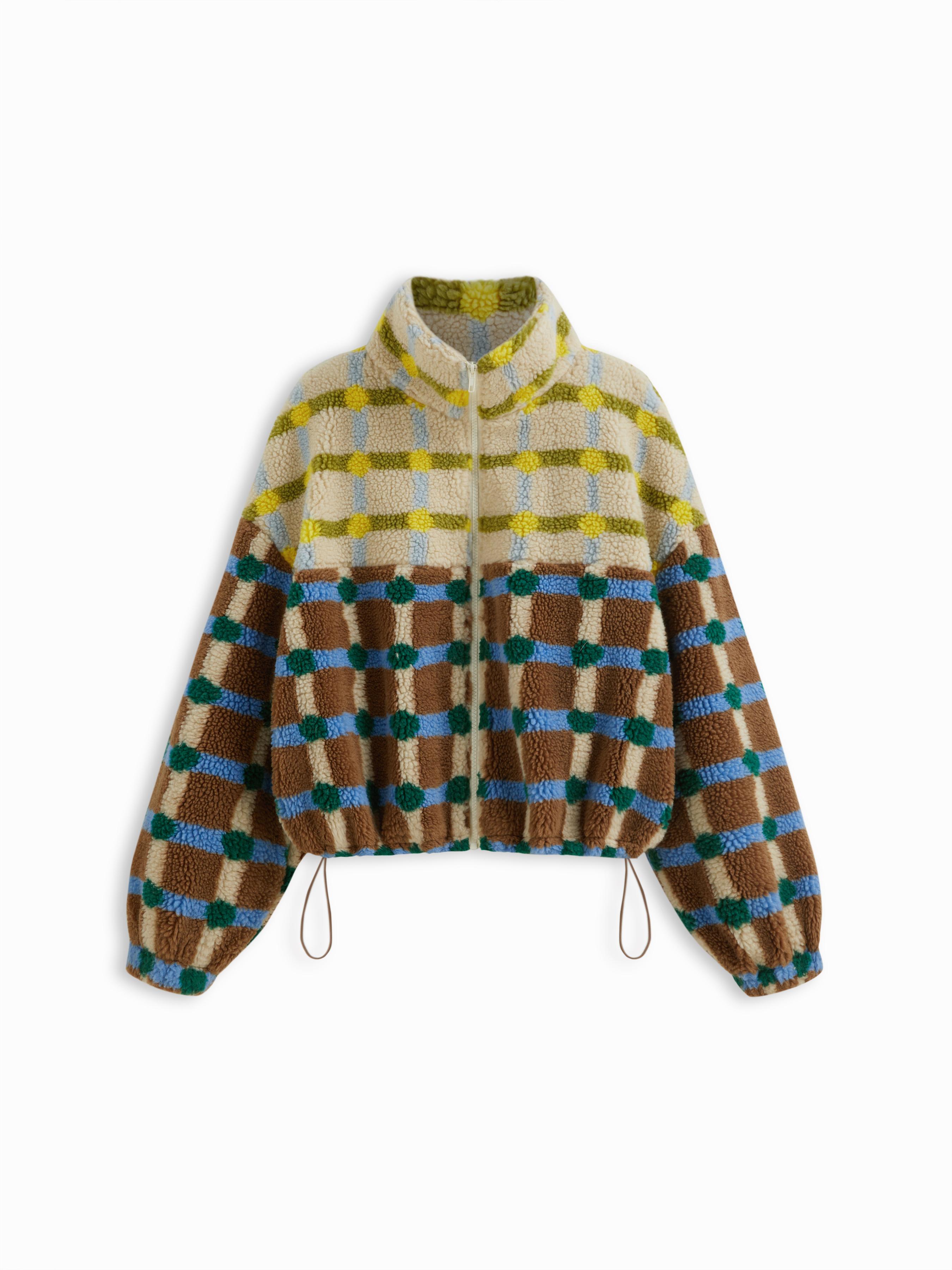 Fleece High Neck Two Tone Checks Drawstring Oversized Jacket by CIDER